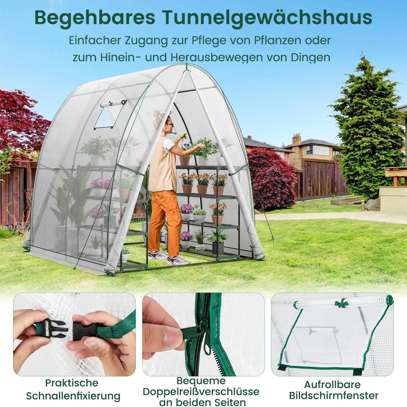RELAX4LIFE Foliengewächshaus 181 x 181 x 200cm, Gewächshaus PE-Abdeckung Metallrahmen, Treibhaus mit 2 Fenstern Rolltür Seitentaschen, Pflanzenhaus für Gemüse Obst Blumen (Weiß)
