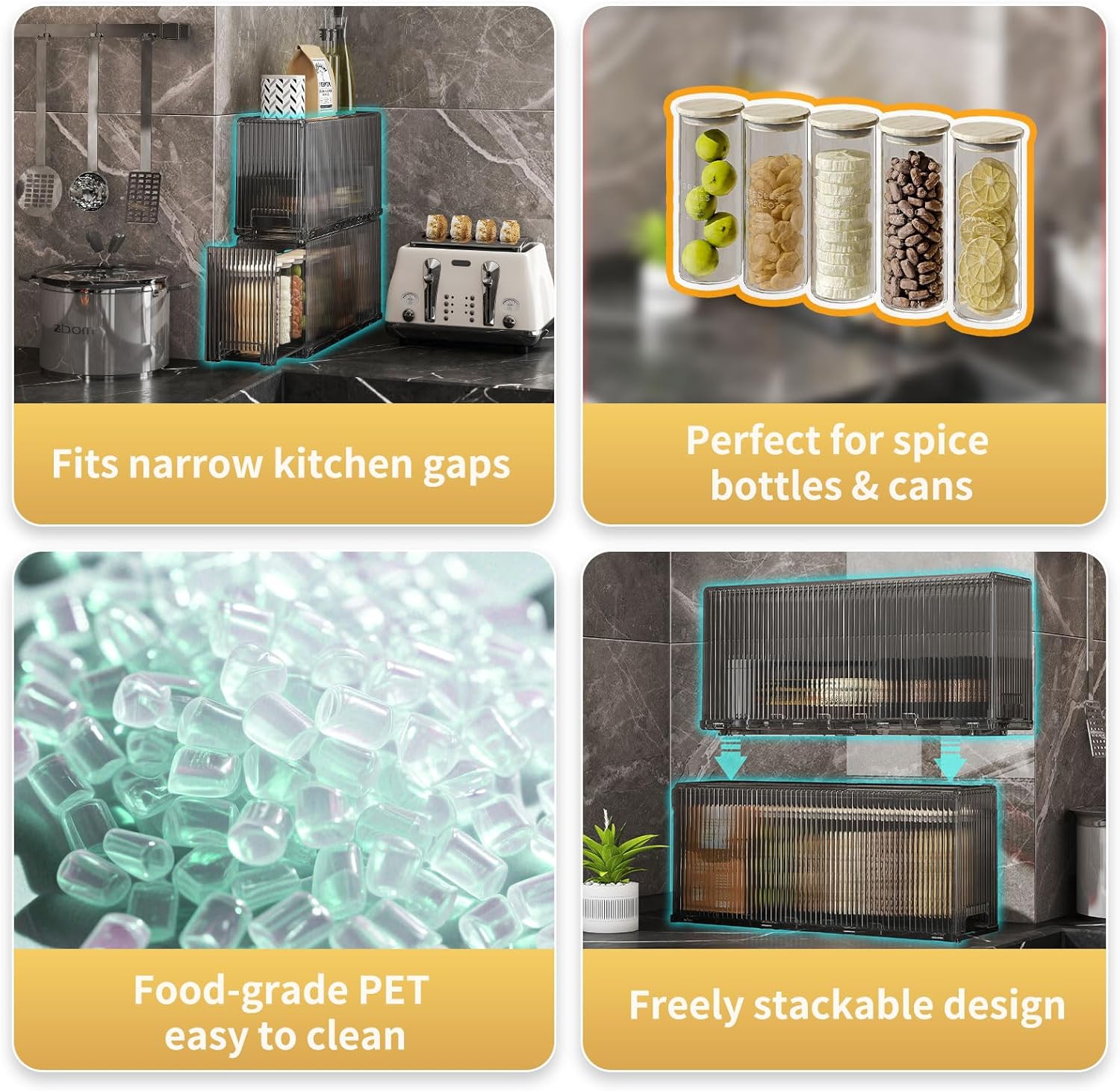 KHNR Slim 2 Tier Kitchen Spice Rack Shelf Organizer with Wheels, Narrow Gap Storage Cabinet for Bottles, Cans & Seasoning Jars, Food Grade PET, Perfect for Refrigerator Side or Pantry, Clear Grey