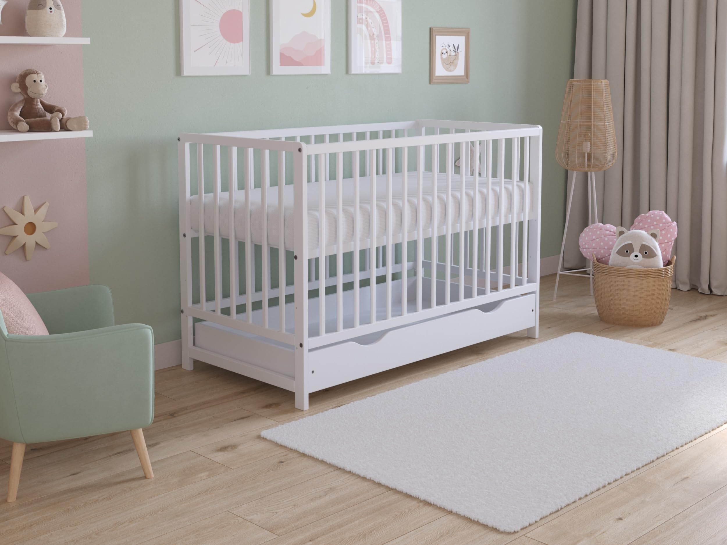 Love For Sleep Asher Cuna para Bebé 120x60 cm con Colchón de Espuma de Microfibra Acolchada – Cama Infantil de Madera Convertible en Cama para Niño con Cajón Grande y Barandilla Blanco