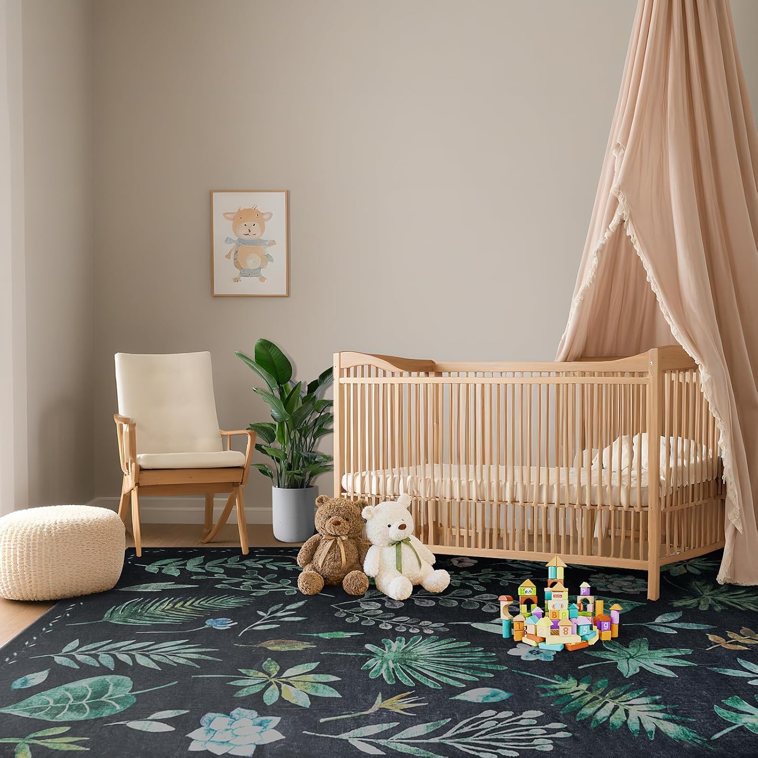 6x9 Green Leaf Machine Washable Area Rug, Low-Pile Faux Wool Forest Floral Botanical Area Rug with Non-Slip Backing, Boho Aesthetic Rugs for Bedroom Playroom Nursery Dining Room, Black 05-black 6' x 9'