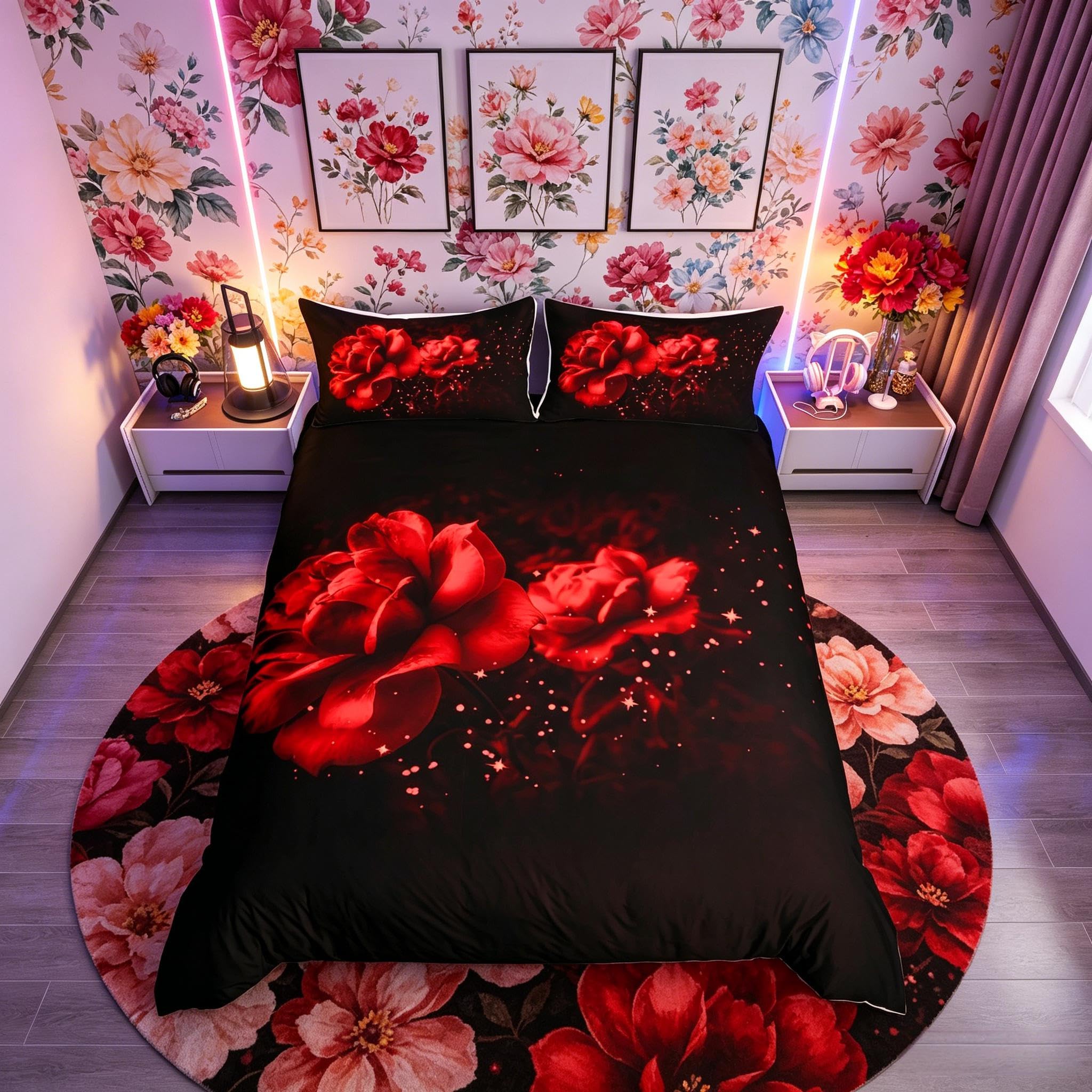 Rose Floral Print Bedding Set Romantic Flowers Comforter Cover for Kids Boys Girls Teens Galaxy Hippie Design Duvet Cover Breathable Chic Red Black Bedspread Cover Room Decor Junior/Cot Bed Size — image 1