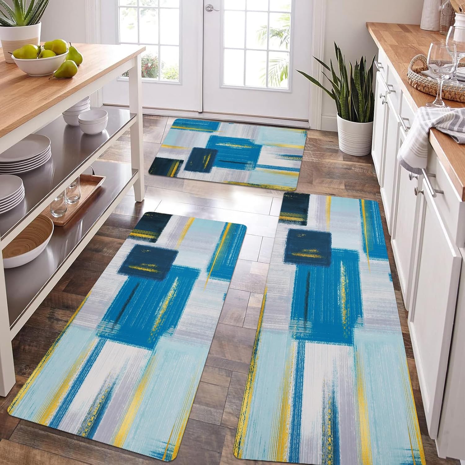 Kitchen Rugs Sets of 3, Non Slip Washable Kitchen Mats for Floor, Anti-Fatigue Runner Rug with Rubber Backing, Waterproof Kitchen Rug Set for Laundry, Floor, Office, Hallway Teal Blue