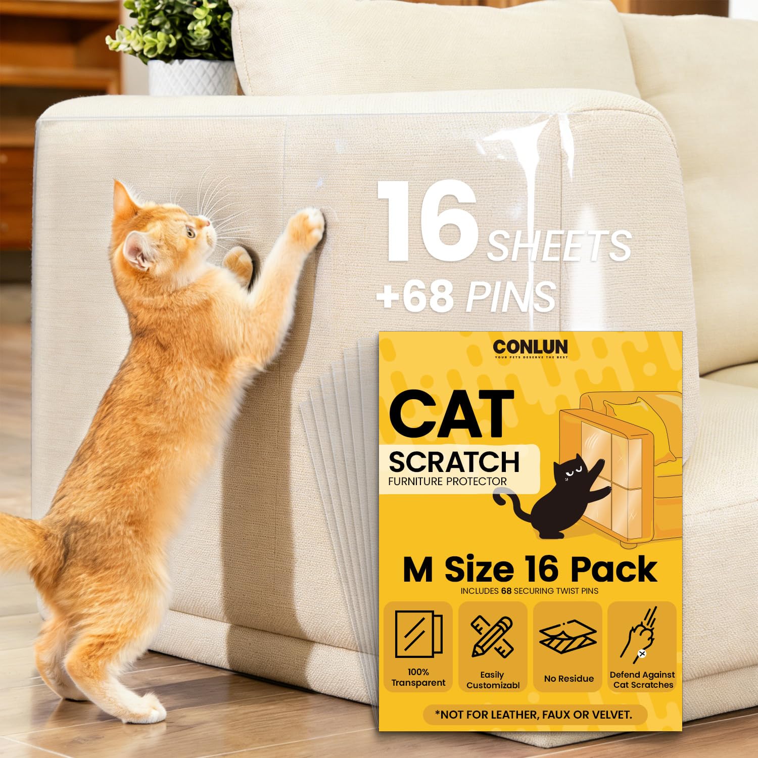 Conlun Cat Scratch Furniture Protector, 100% Transparent Sofa Guards for Cats, 0.12mm Self-Adhesive Anti-Scratch Sheets, Medium (8pcs 35x28cm & 8pcs 35x15cm), 16 Pack with 68 Twist Pins — image 1
