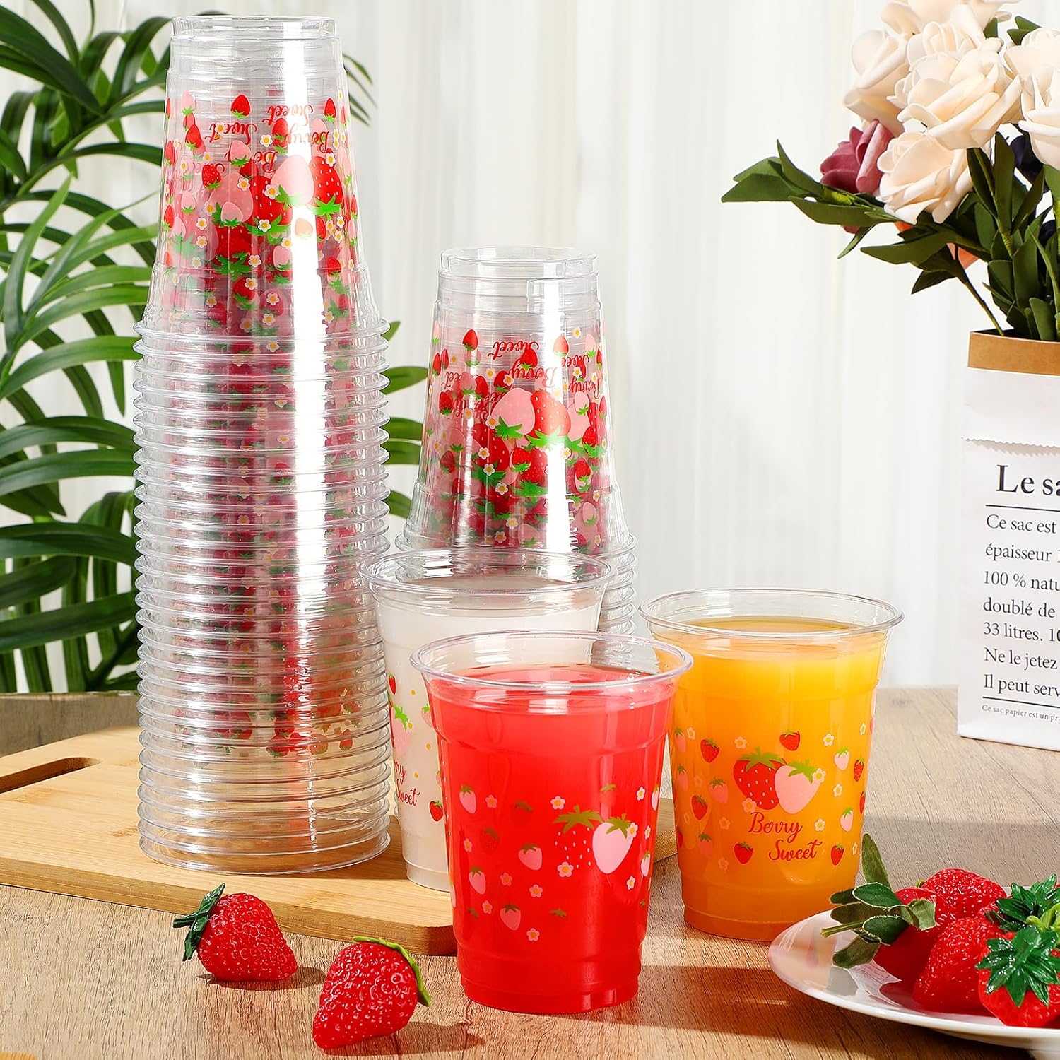 Potchen 100 Pcs 12 oz Strawberry Disposable Plastic Cups Strawberry Flower Clear Plastic Cups Pink Red Party Favors for Birthday Baby Shower Summer Fruit Party