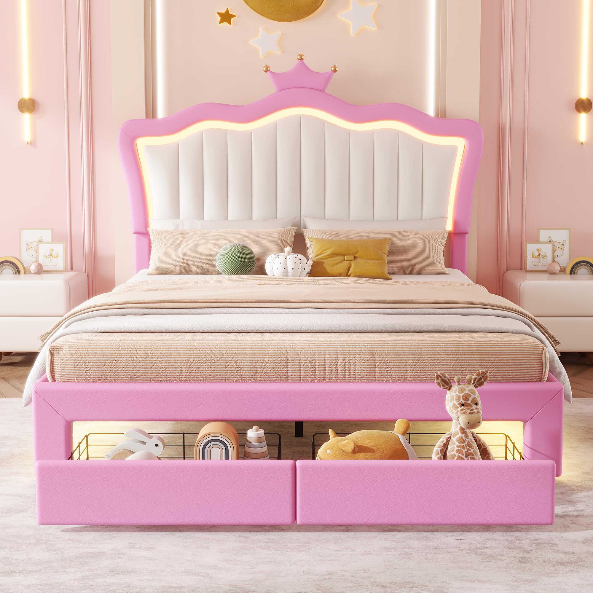 Ball & Cast Full Size Upholstered Platform Bed with LED Lights,Princess Bed with Crown Headboard and 2 Drawers,No-Noise Design,for Bedroom Apartmrnt Guest Room,Pink+White