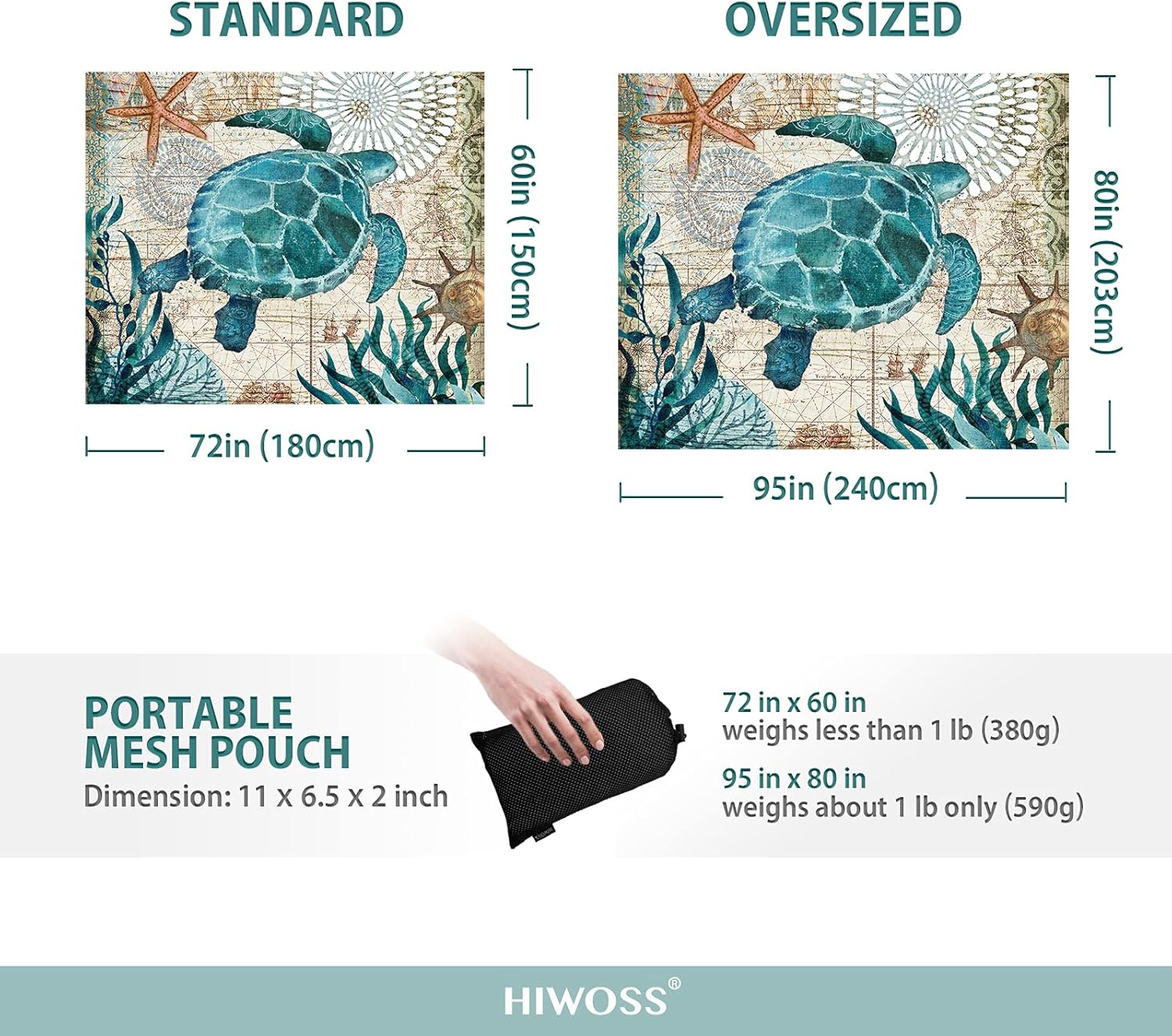 Beach Blanket Waterproof Sandproof Oversized 95”x 80”,Sand Free Beach Mat with Corner Pockets,Portable Mesh Bag for Beach Festival,Picnic,Travel and Outdoor Camping (Seaturtle) - Image 2