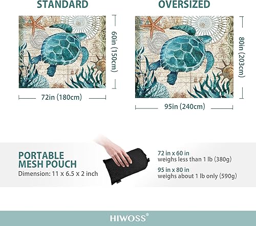 Miniatura 2 de Hiwoss manta de playa a prueba de arena de gran tamaño 95 x 80 pulgadas, impermeable, libre de arena con bolsillos en esquinas, bolsa de malla