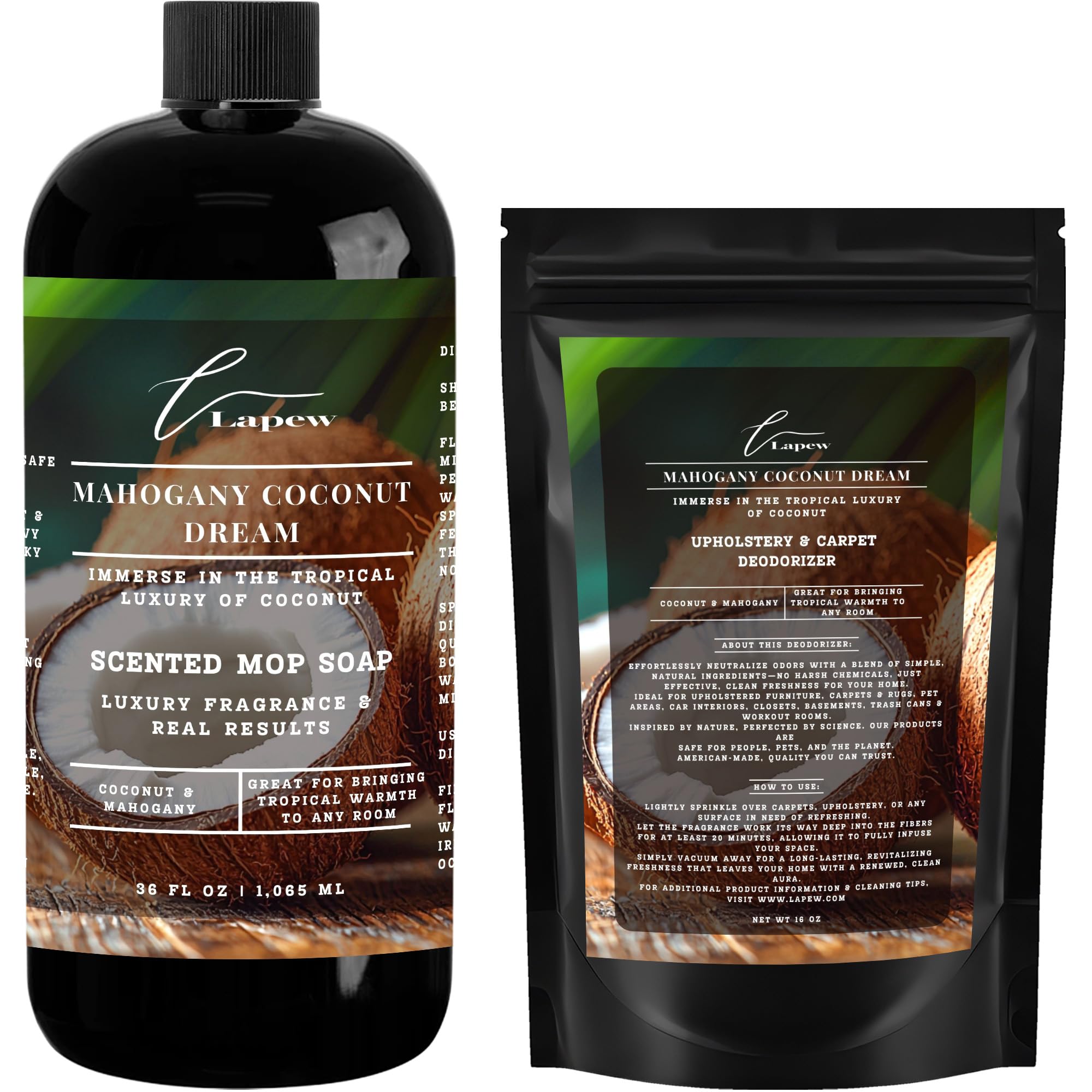 Lapew Mahogany Coconut Dream Scented Cleaning Bundle | Carpet Deodorizer Powder (16 oz) & Mop Soap Concentrate (36 oz) | Pet-Friendly Odor Eliminator