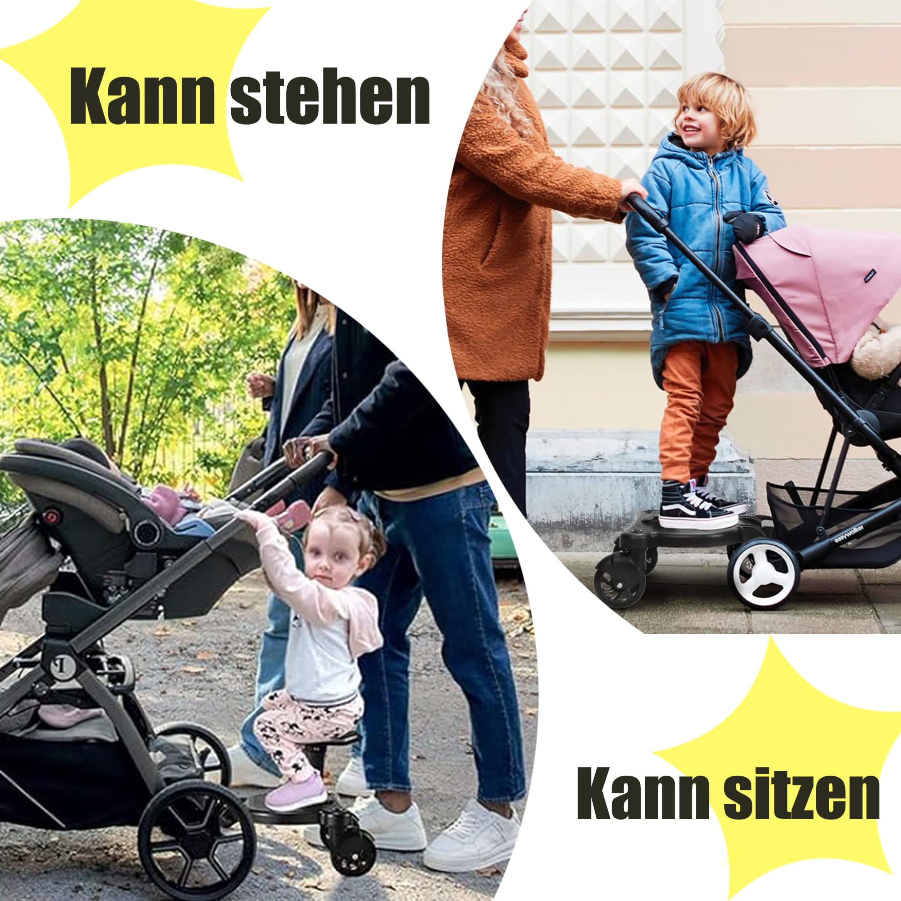 Buggy Board avec siège, marchepied universel avec deux roues à 360 °, capacité de charge 25 kg, siège de poussette amovible, accessoire de poussette pour enfants de 2 à 6 ans, noir