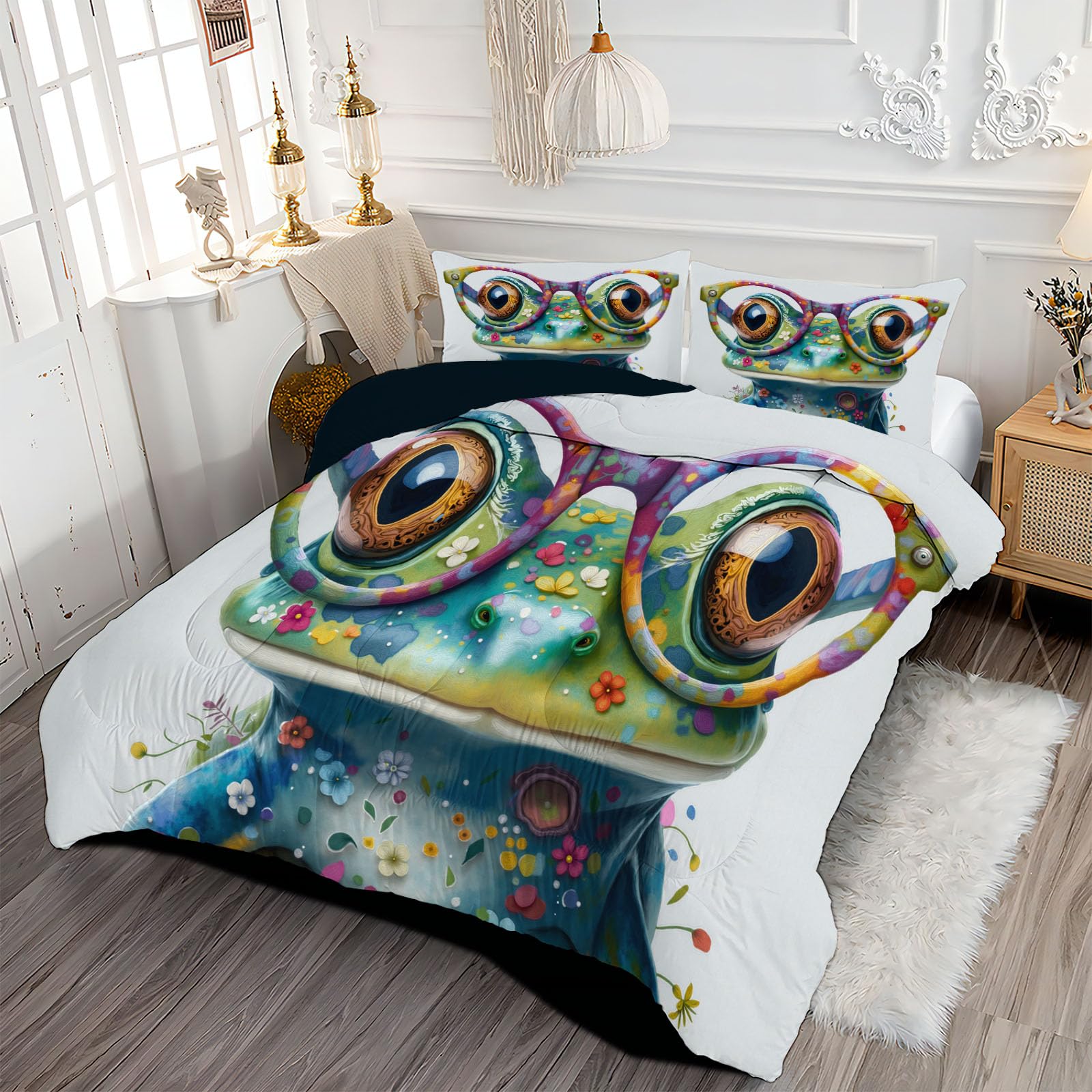 Trapunta Letto Singolo 4 Stagioni Piumone per Bambini, Rana Carina Occhiali Leggero Pittura A Olio Animali Set di Biancheria da Letto 140x200cm con 1 Federe,Piumino Lavabile In Lavatrice