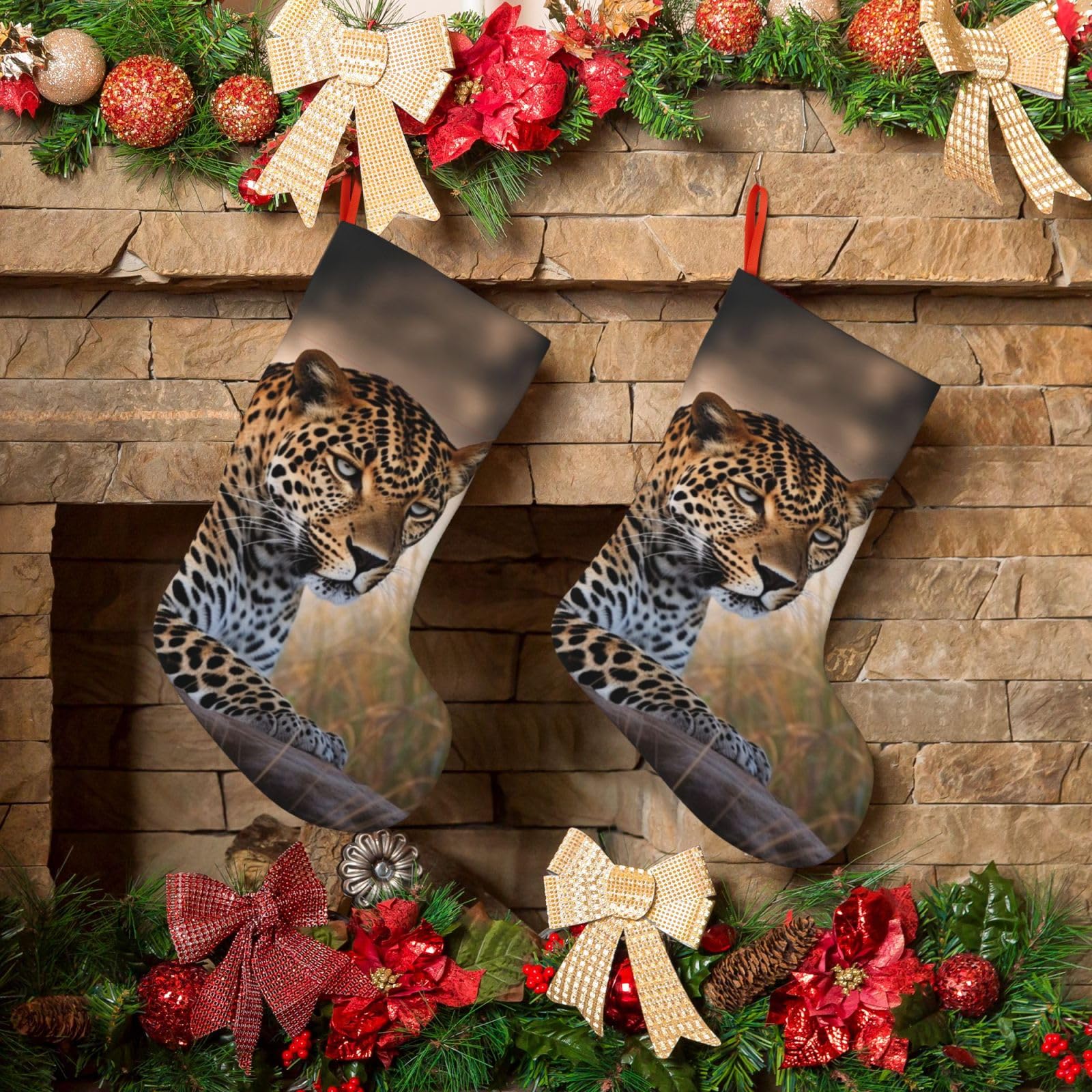 KLOPH Christmas Stockings 18" Personalized Xmas Stocking African Animal Leopard Decoration Stocking Hanging Fireplace Stocking for Holiday Xmas Tree Christmas Fireplace Decor