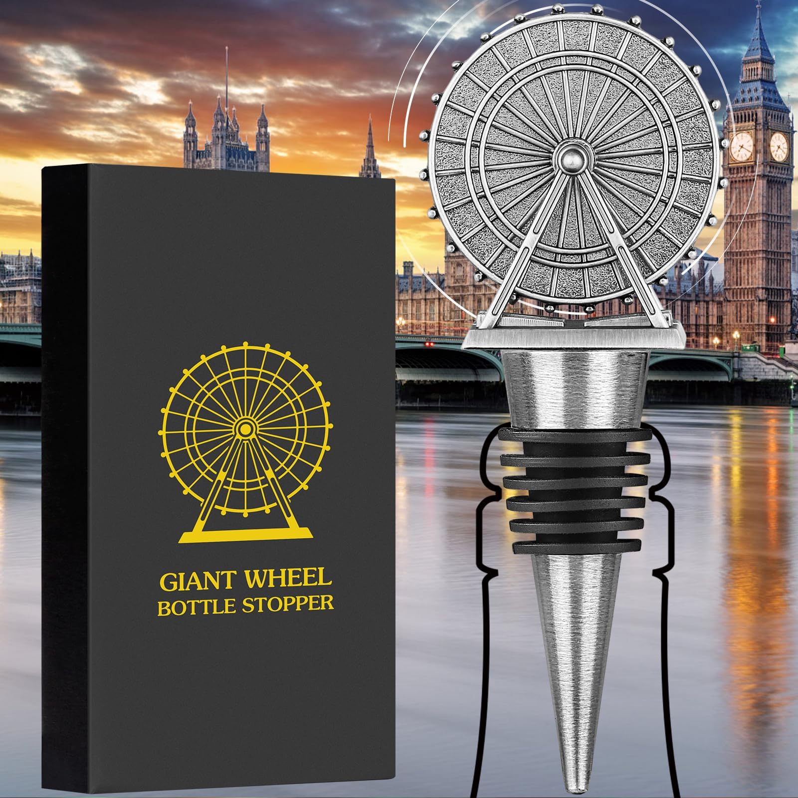 LKKCHER DESIGN London Souvenir Gifts, Giant Wheel Wine Stopper, Wine Gifts for Men Women Ferris Wheel Fans, Bottle Stoppers for Wine Champagne, Birthday Gifts, Wine Saver, Wine Accessories