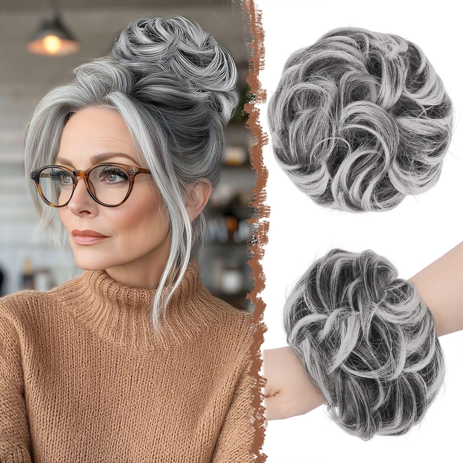 FESHFEN Messy Bun Hair Piece Hairs Scrunchies Thick Curly Wavy Pony Tail Synthetic Accessories Donut Updo Hairpieces for Women Girls 55g, Black with White Tips