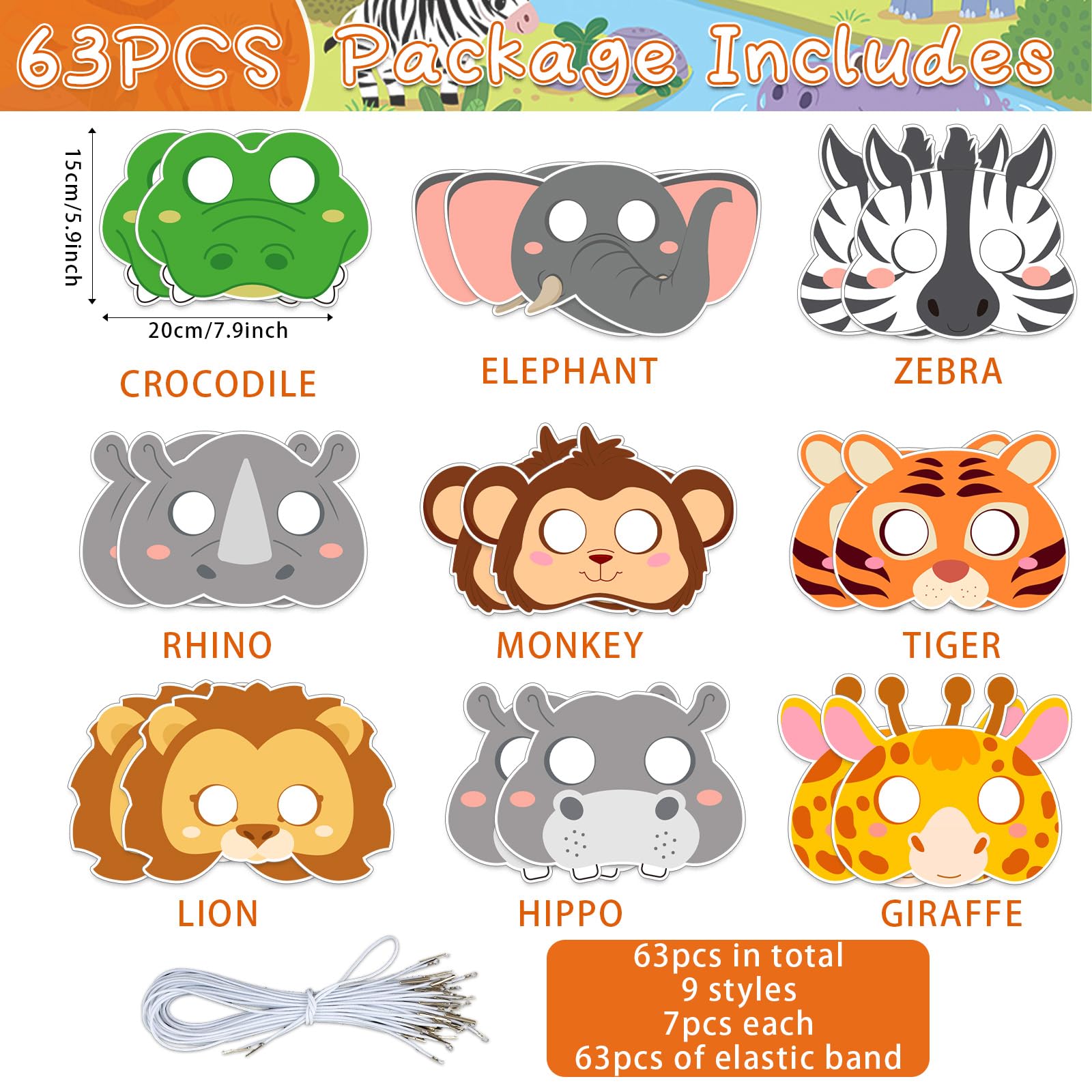 Lonfliness 63 Set Animal Coloring Mask Jungle Paper Art Craft Kids Color Your Own Safari Lion Blank DIY Mask Masquerade Birthday Party Dress-Up Decoration Favor School Classroom Activity Game Supplies