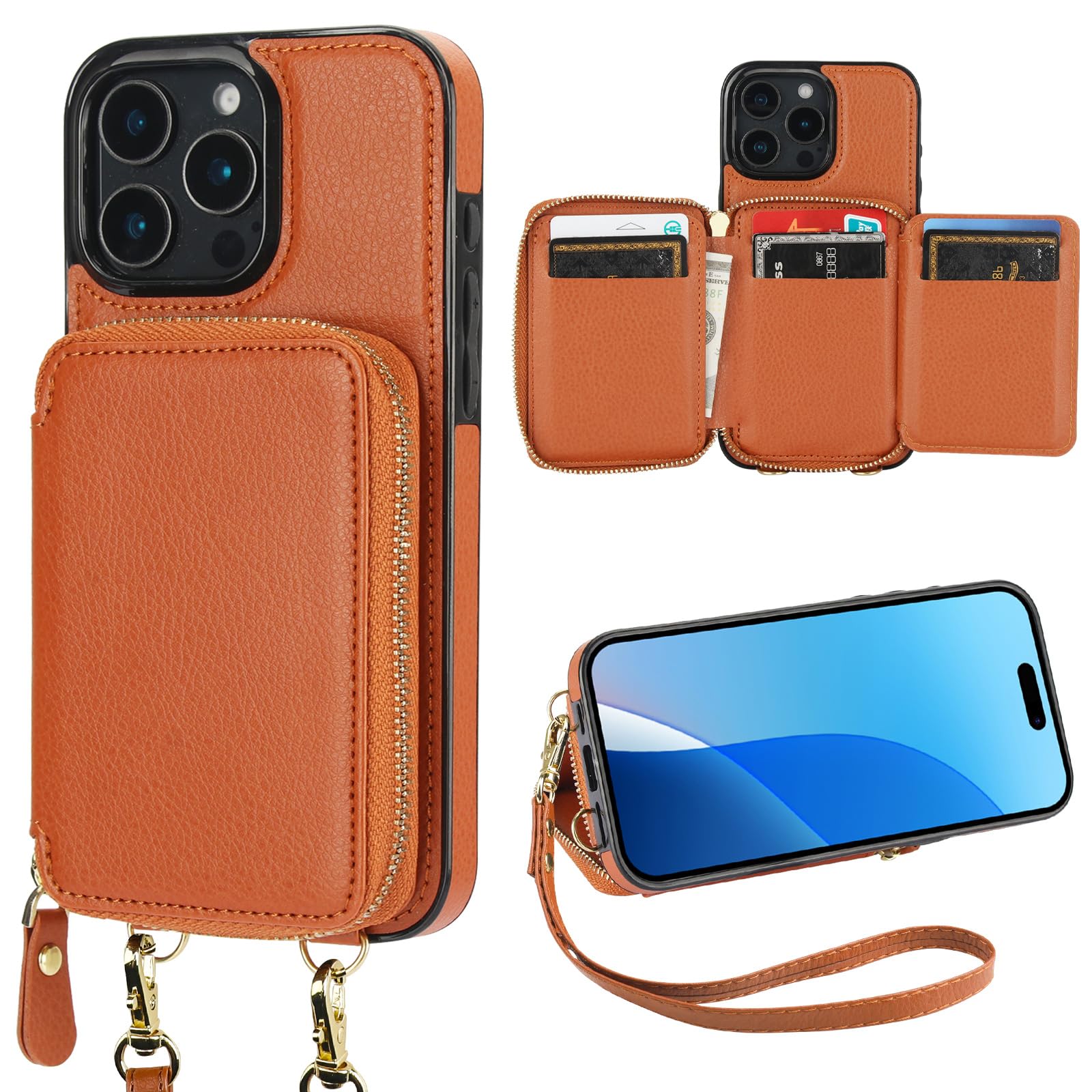 Bocasal RFID Blocking Wallet, iPhone 16 Pro Max Case, Adjustable Crossbody Zipper Purse with Kickstand & Wrist Strap, PU Leather Flip Folio Case 6.9