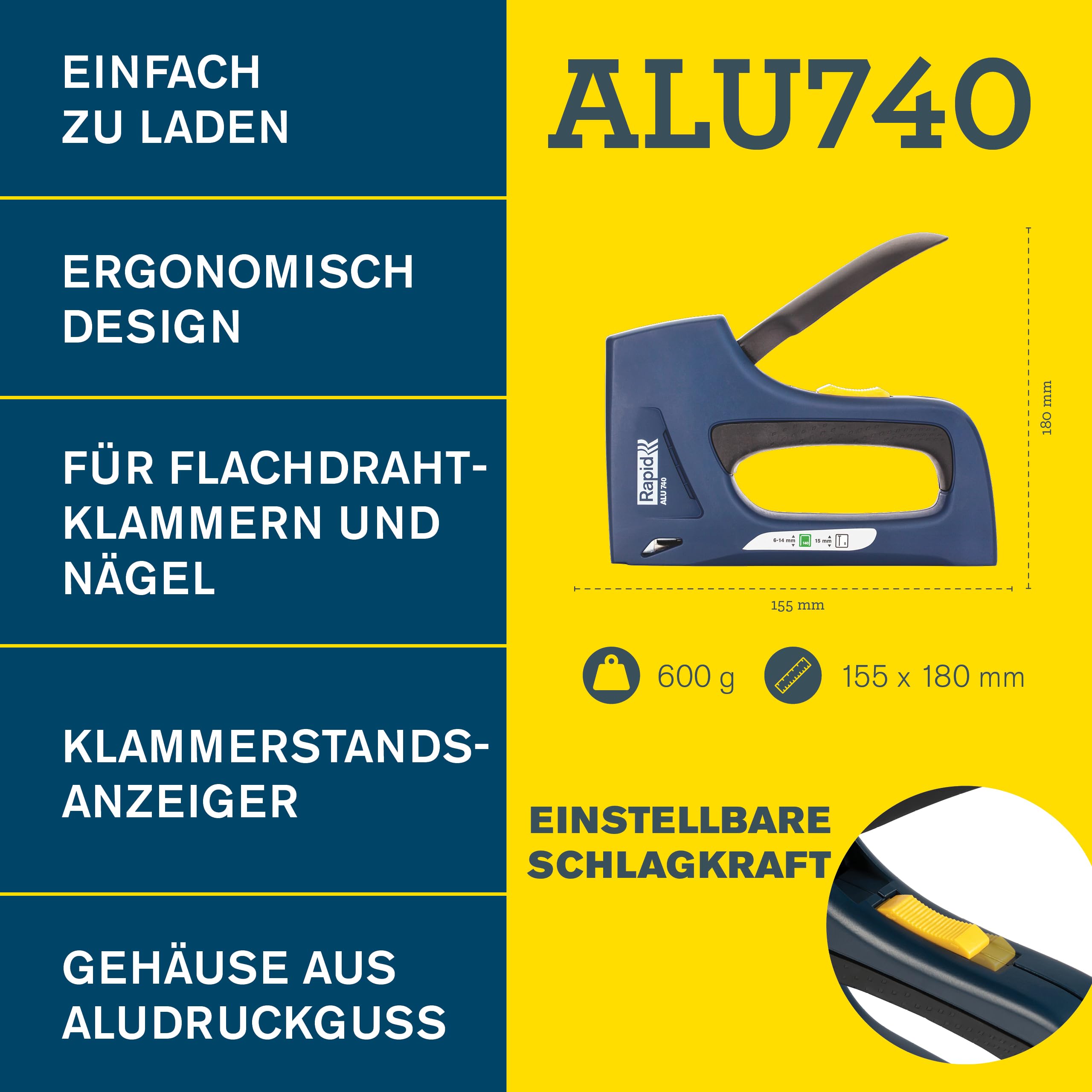 Rapid Handtacker ALU740 aus Aluminium für Typ 140 Klammern & Typ 8 Nägel | Für Holz & Folien; Typ 140 (6-14 mm); Typ 8 (15 mm); robustes Aluminiumgehäuse; 2-Stufen-Schlagkraftregelung; rückschlagfrei