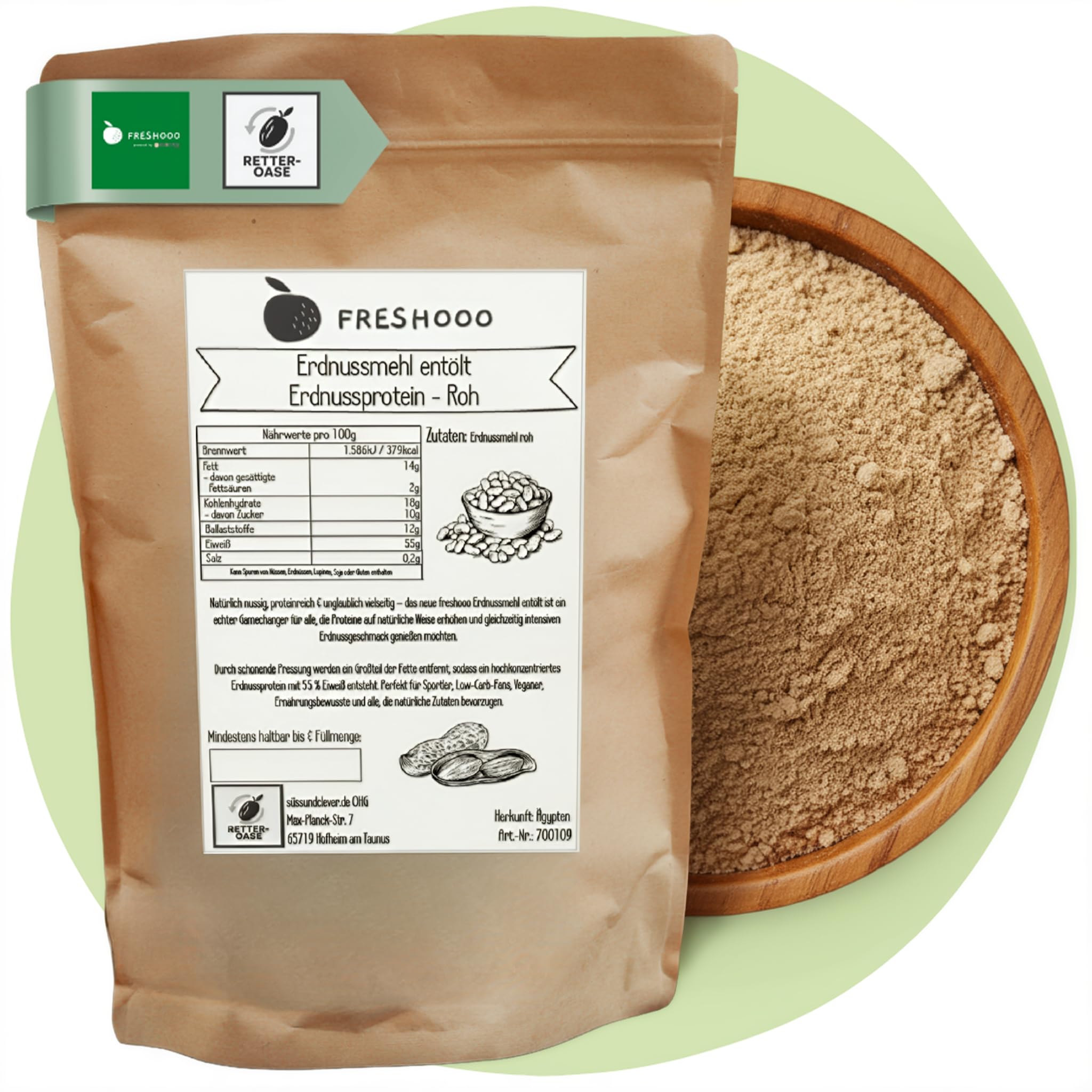 freshooo® Erdnussmehl entölt & roh | 1,0 kg | Erdnussprotein | 55% Protein | ökologisch-nachhaltig abgepackt