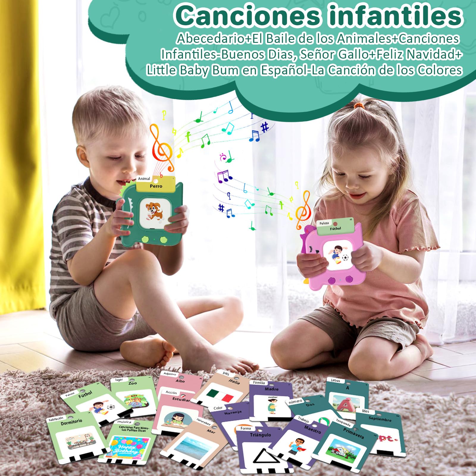 420 Cartes d'apprentissage parlantes Montessori en Espagnol - Set de flashcards avec Fonction sonore, Jouet éducatif, pour l'apprentissage préscolaire. Inclut 10 chansons en français