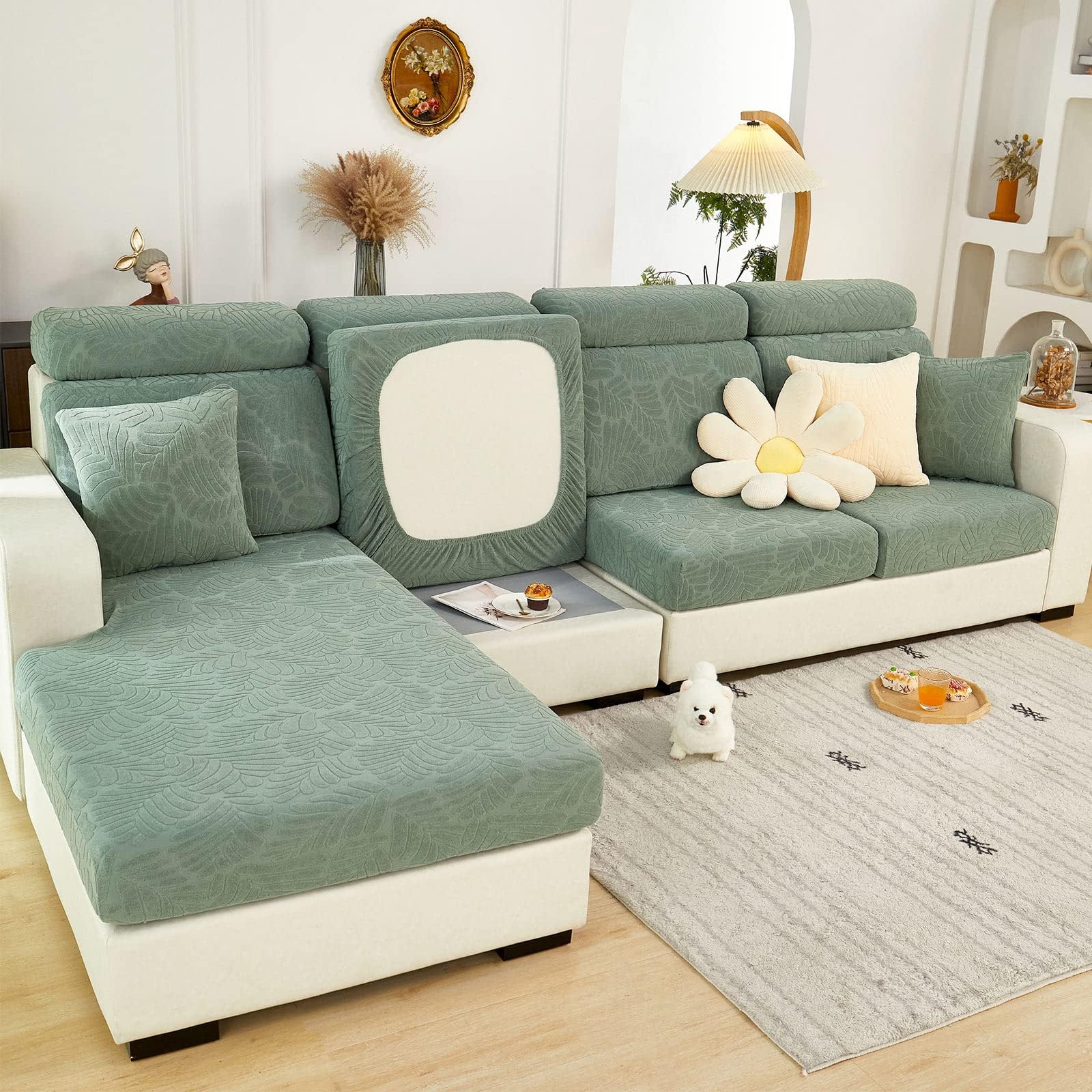 Sofa Seat Cushion Covers- High Stretch Non-Slip Couch Sofa Cover 1-Piece Universal for 1 2 3 4 Seater L Shape Chaise Longue Sofa Slipcovers for Living Room Dogs Pet (3 Seater, Leaves Green)