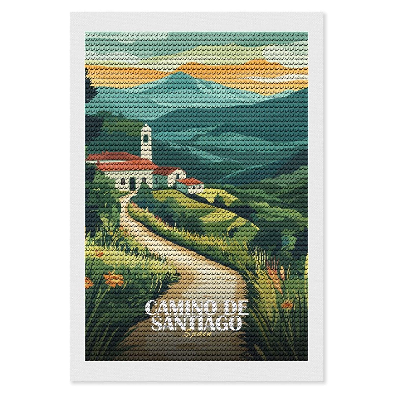 Junmoney Camino De Santiago, Spain Landscape Art Diamond Painting Canvas Kit 8"x12", Round Gems, Living Room Decor, Seasonal Gift Choice, Modern Decor