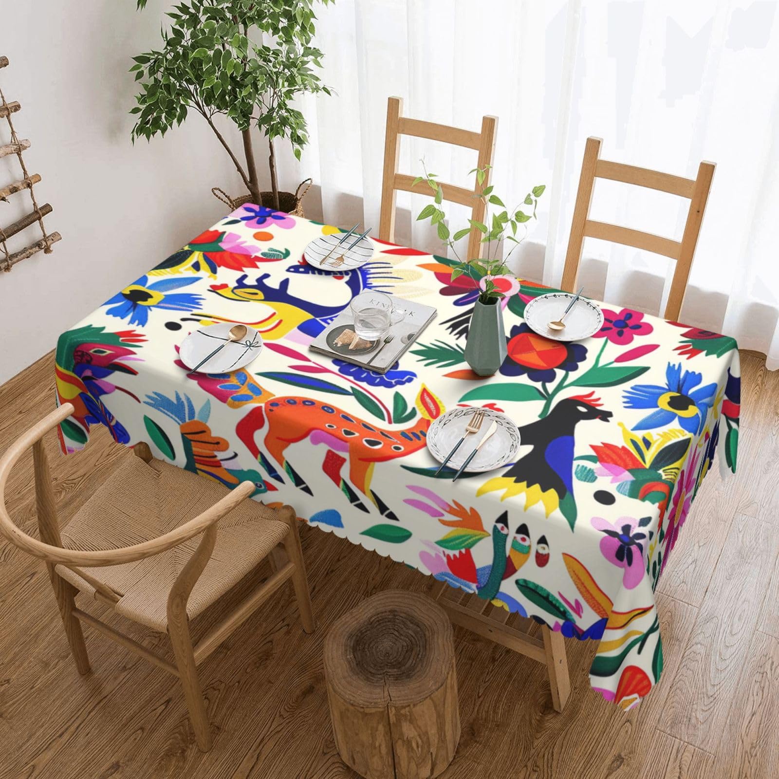 WPKJU Mexican Otomi Animals Printed Rectangle Tablecloth 72x54 Inch with Lace Trim, Water-Resistant Washable Table Cover for Farmhouse Weddings, Outdoor Picnics & Holiday Dining