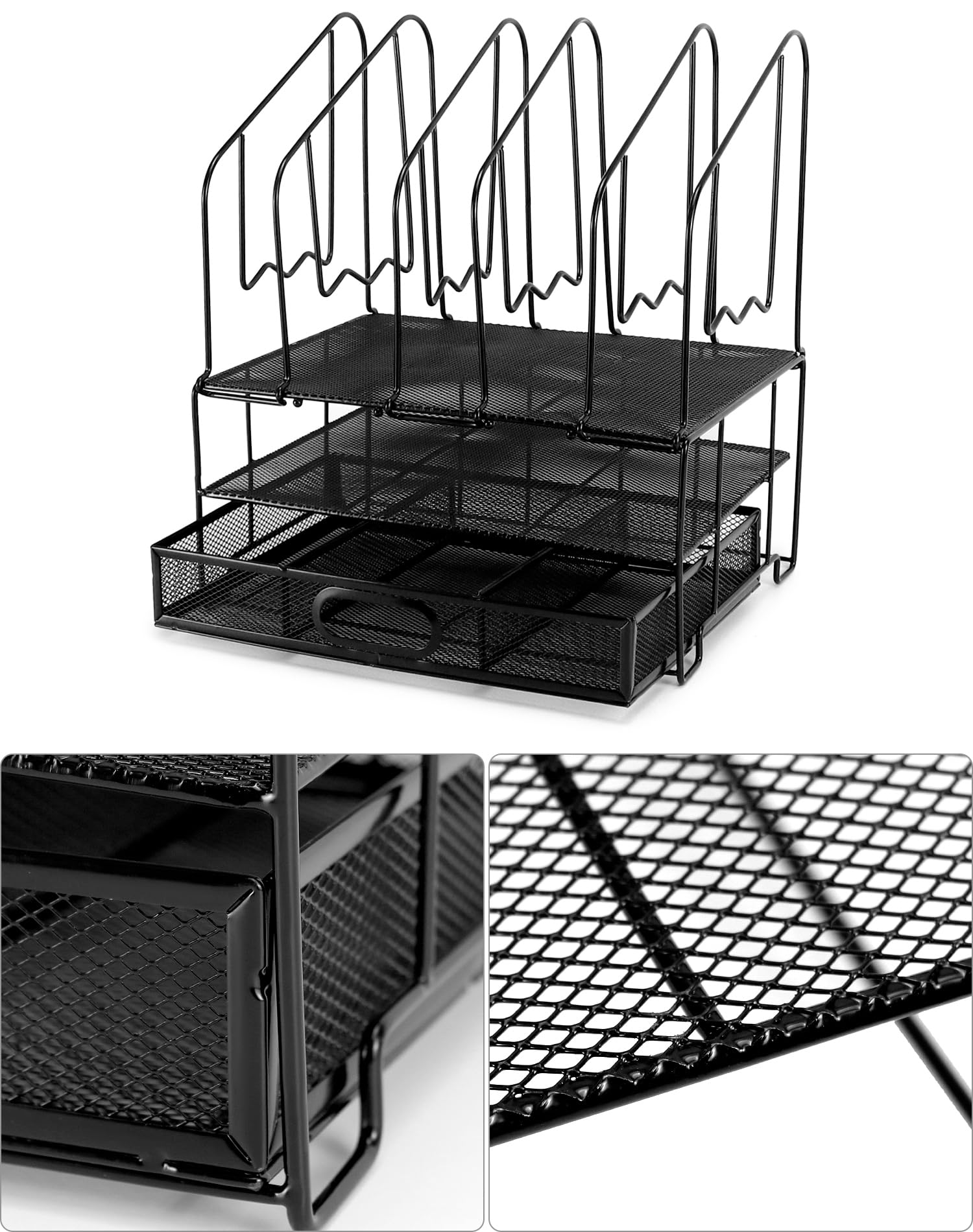 QWORK® Mesh Schreibtisch Organizer, mit schublade und 6 vertikaler ständer, büro Organizer, schwarz