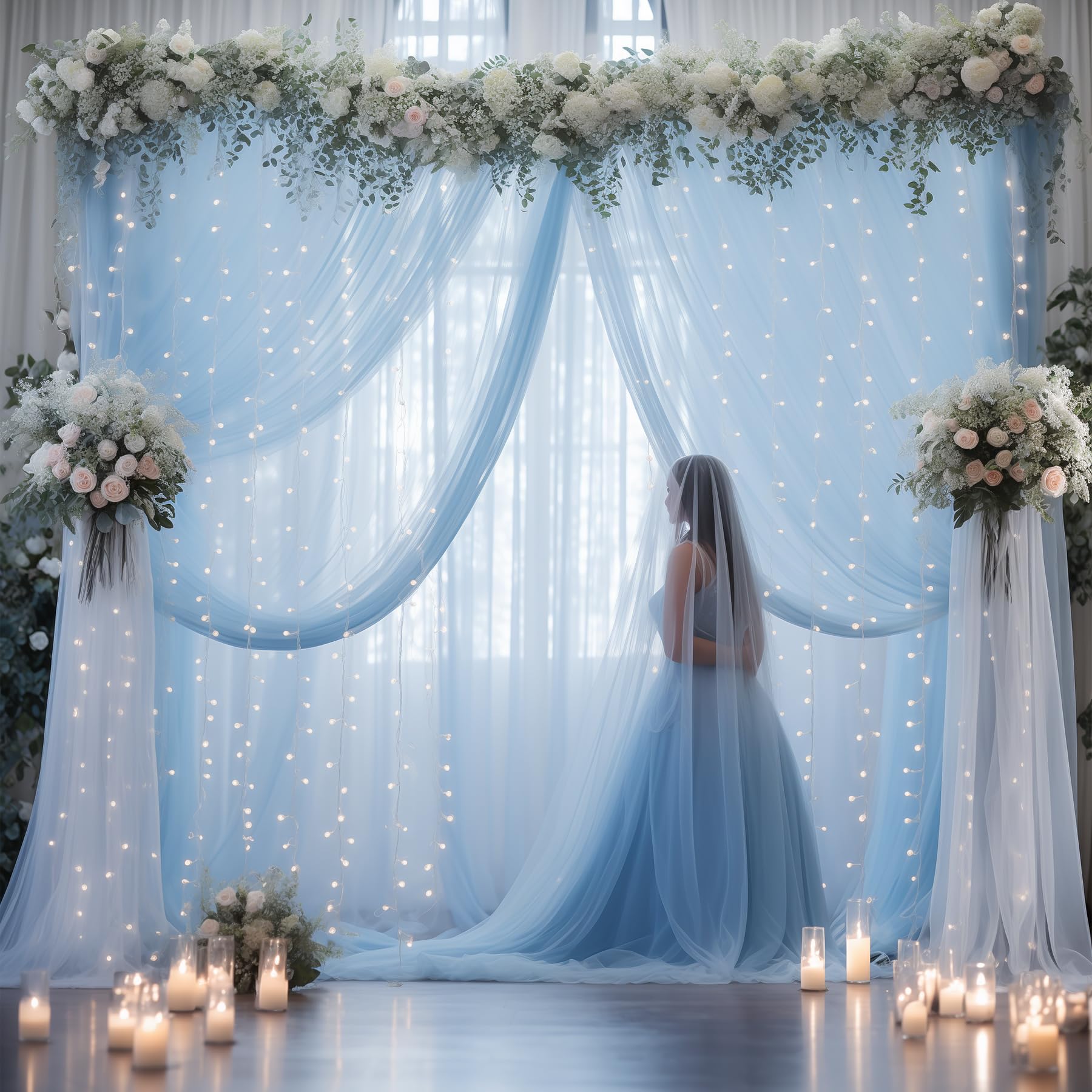 10×10ft Blue Tulle Backdrop Curtain with Lights String for Parties, Sheer Curtain Backdrop Drapes for Wedding Party Home Decorations