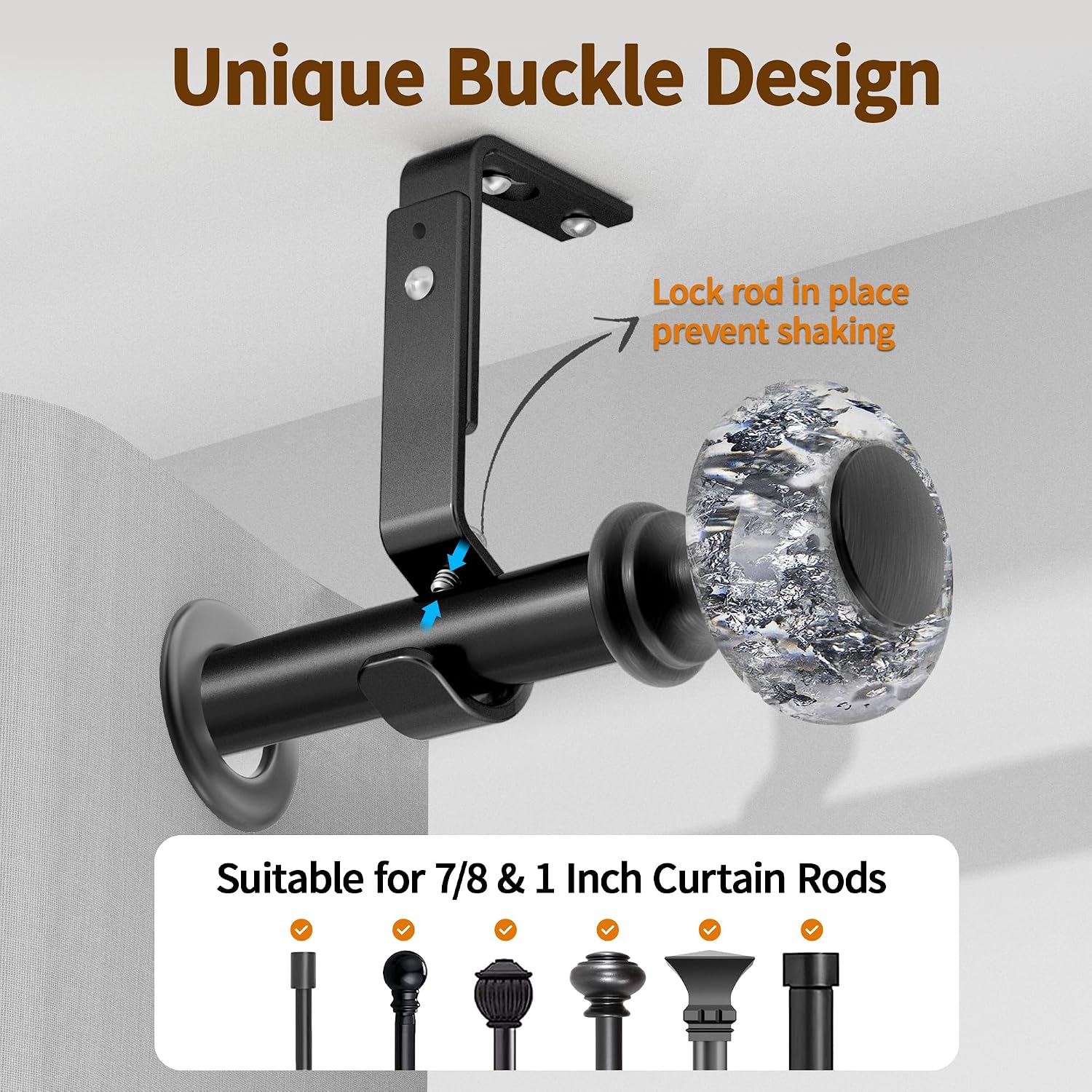 Adjustable Brackets for 1 or 7/8 Inch Curtain Rod,Heavy Duty Black Curtain Rod Holders Single Curtain Rod Hanging Hardware Wall Mount Bracket Drapery Hooks Fix Rod Pole Support,Set of 3