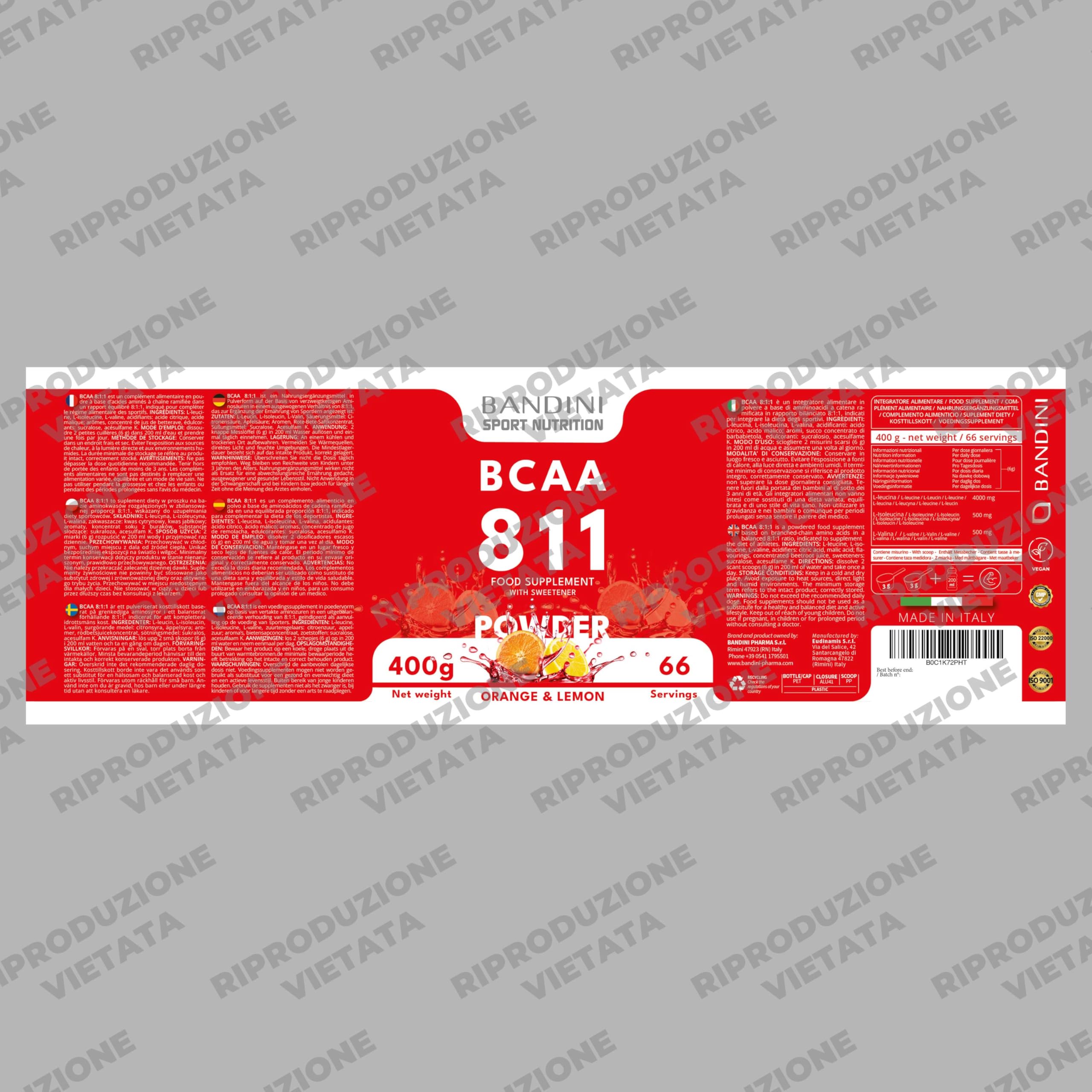 Bandini® BCAA POWDER 8 1 1 Integratore di Aminoacidi Ramificati in rapporto 8:1:1 da 400g - Polvere Aromatizzata al gusto di ARANCIA e LIMONE - Palestra, Sport, Pre Intra e Post Workout - 100% Vegan