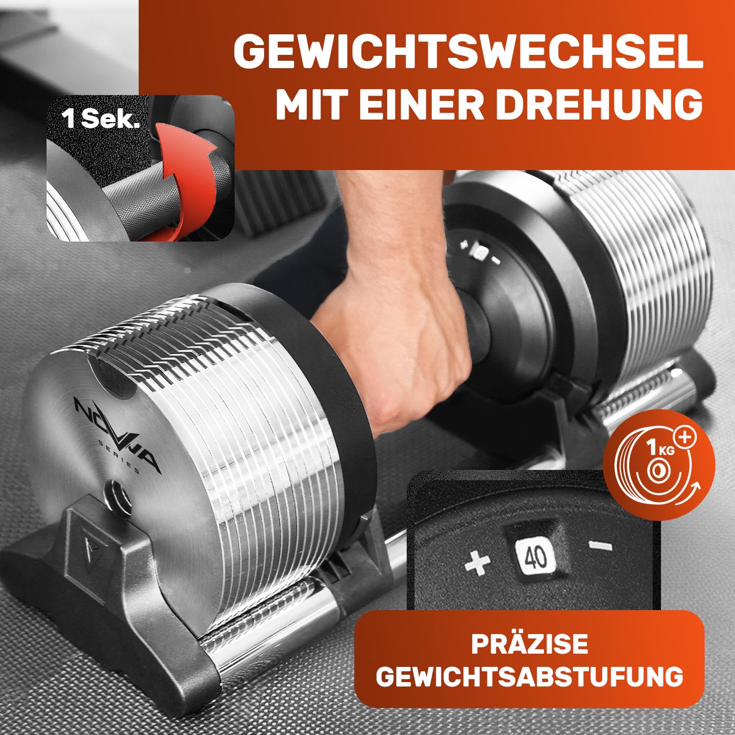 Verstellbare Kurzhantel 24kg | Nova Series | 12kg |18kg | 24kg | 32kg |40kg | 24 Gewichtseinstellungen | Einzelhantel | Verstellbare Kurzhantel | Hantel einstellbar und platzsparend [NOVA³ LOCK]