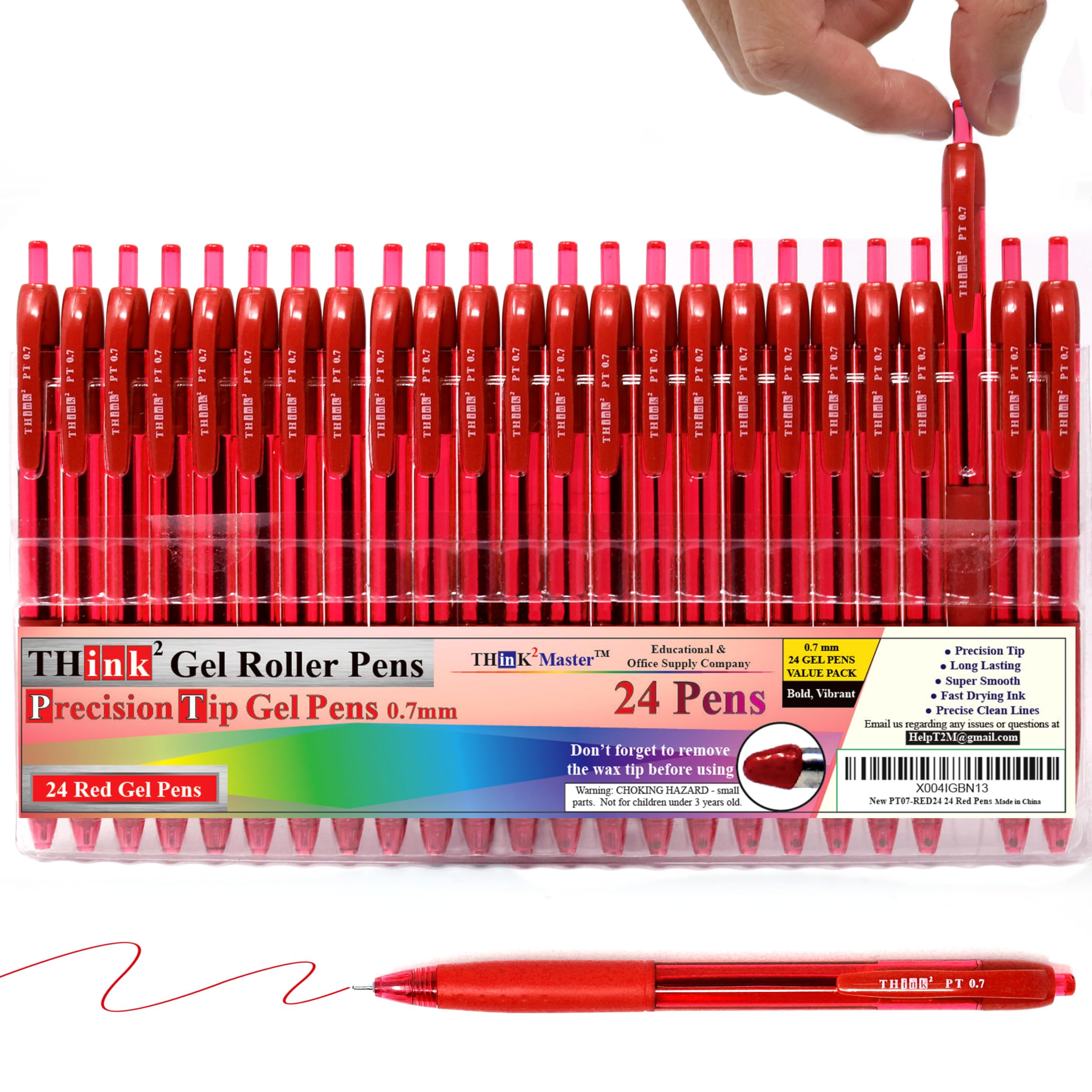 THINK2MASTER 24 bolígrafos de tinta roja Think2 de punta de precisión de 0,7 mm. (24 rojos) bolígrafos pequeños de punta fina con tinta suave de secado rápido.