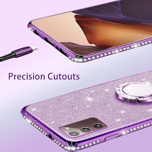 Miniatura 7 de Funda para Samsung Note 20 5G, Galaxy Note 20, protector a prueba de golpes con correa de cordón y anillo para niñas y mujeres, con purpurina