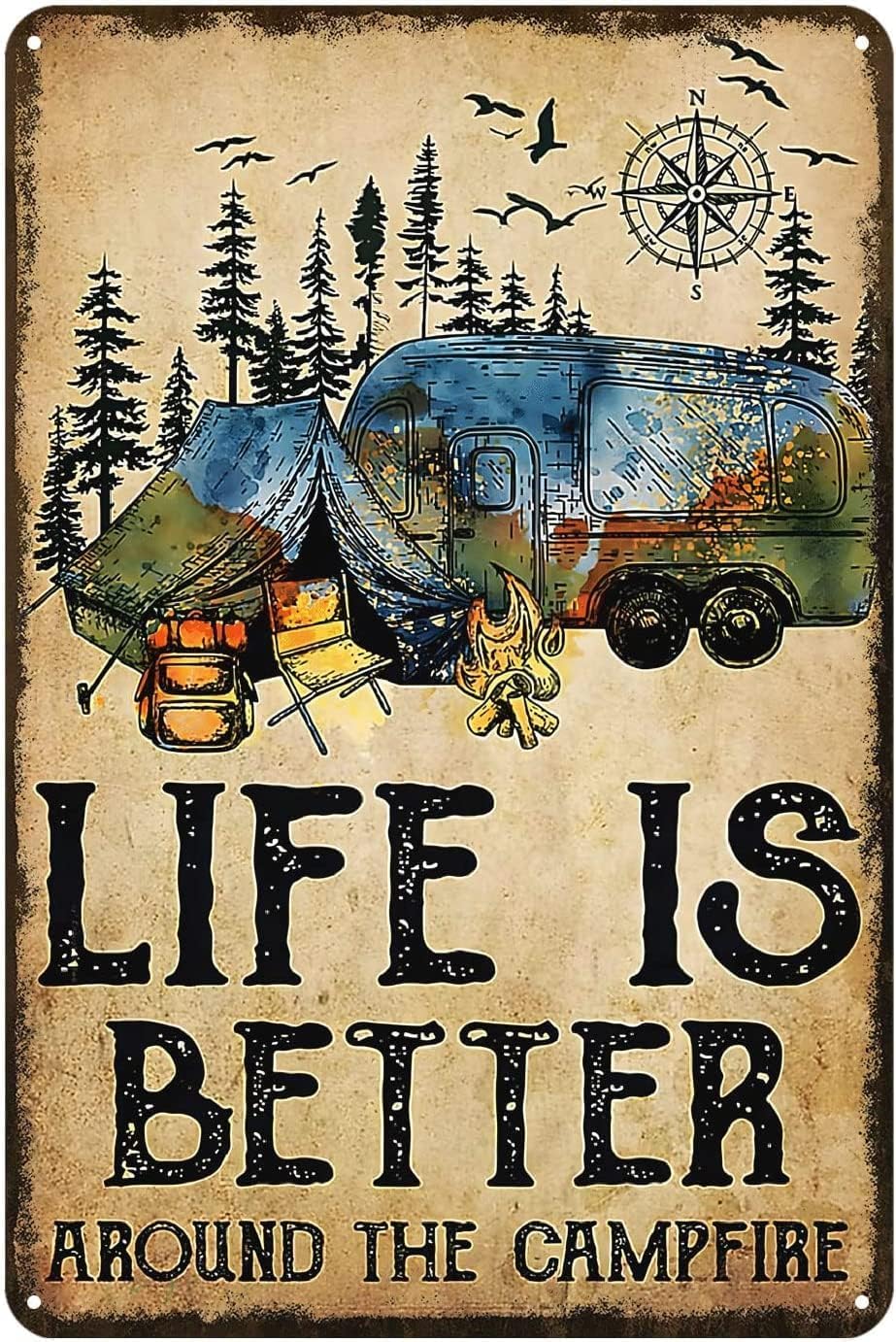 Life Is Better Around The Campfire Camping Tent And Van Metal Sign Rustic Decor Vintage Aluminium Sign Home Kitchen Bar Cafe Club Cave Wall Decor Camping Aluminium Sign 12x16 Inch