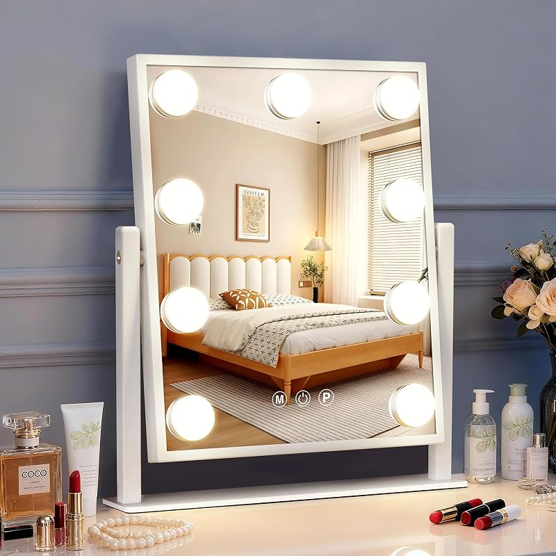 Espelho para maquiagem MEKKLEON com iluminação LED, controle touch, 3 cores ajustáveis, branco, 30,48 cm x 33,53 cm