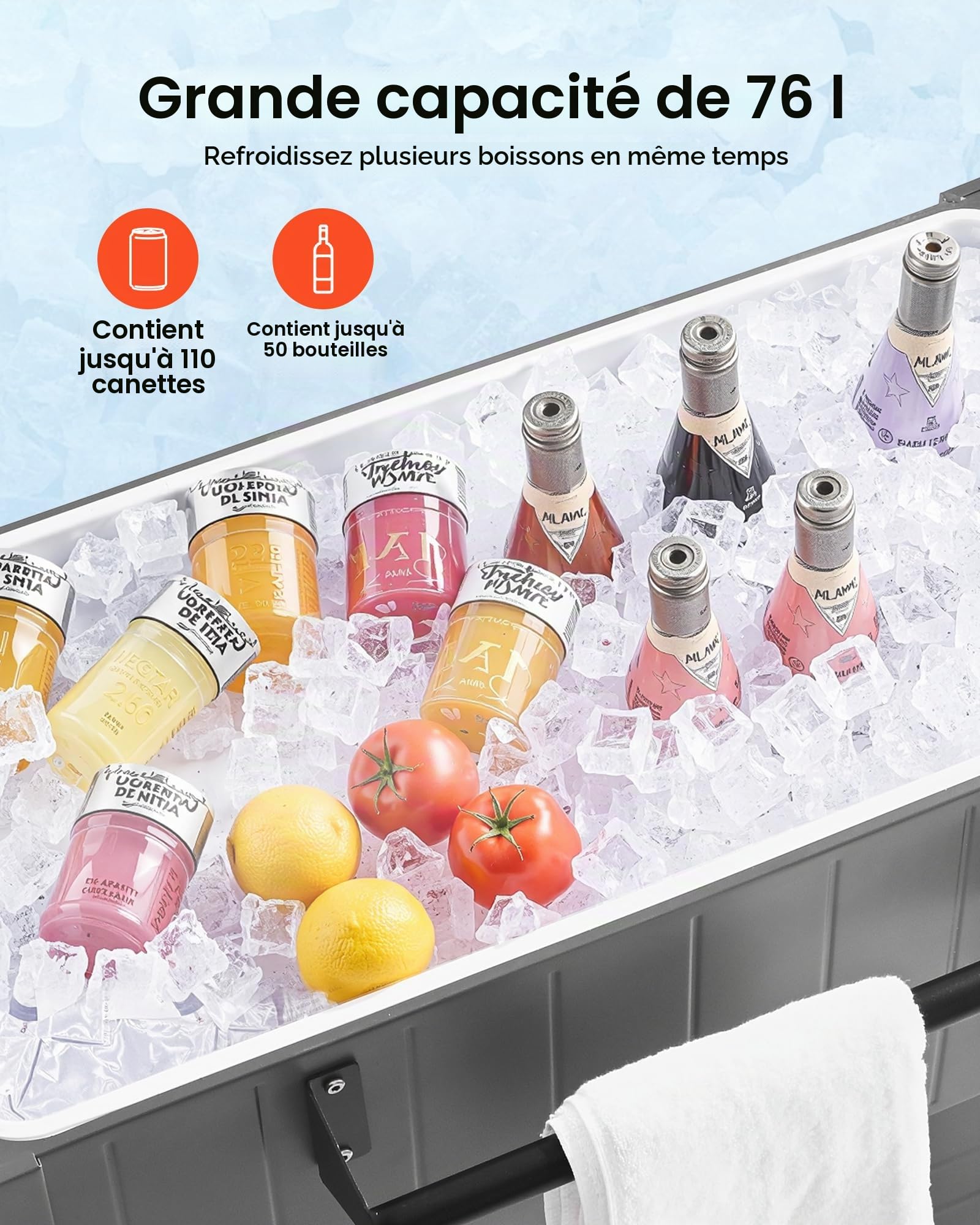VEVOR Glacière à Roulettes Isotherme Contenance de 75,71 L 50 Bouteilles/110 Canettes, Chariot Bar Extérieur avec Étagère Inférieure, Étagères Latérales Pliables et Décapsuleur, pour Boissons Fraîches