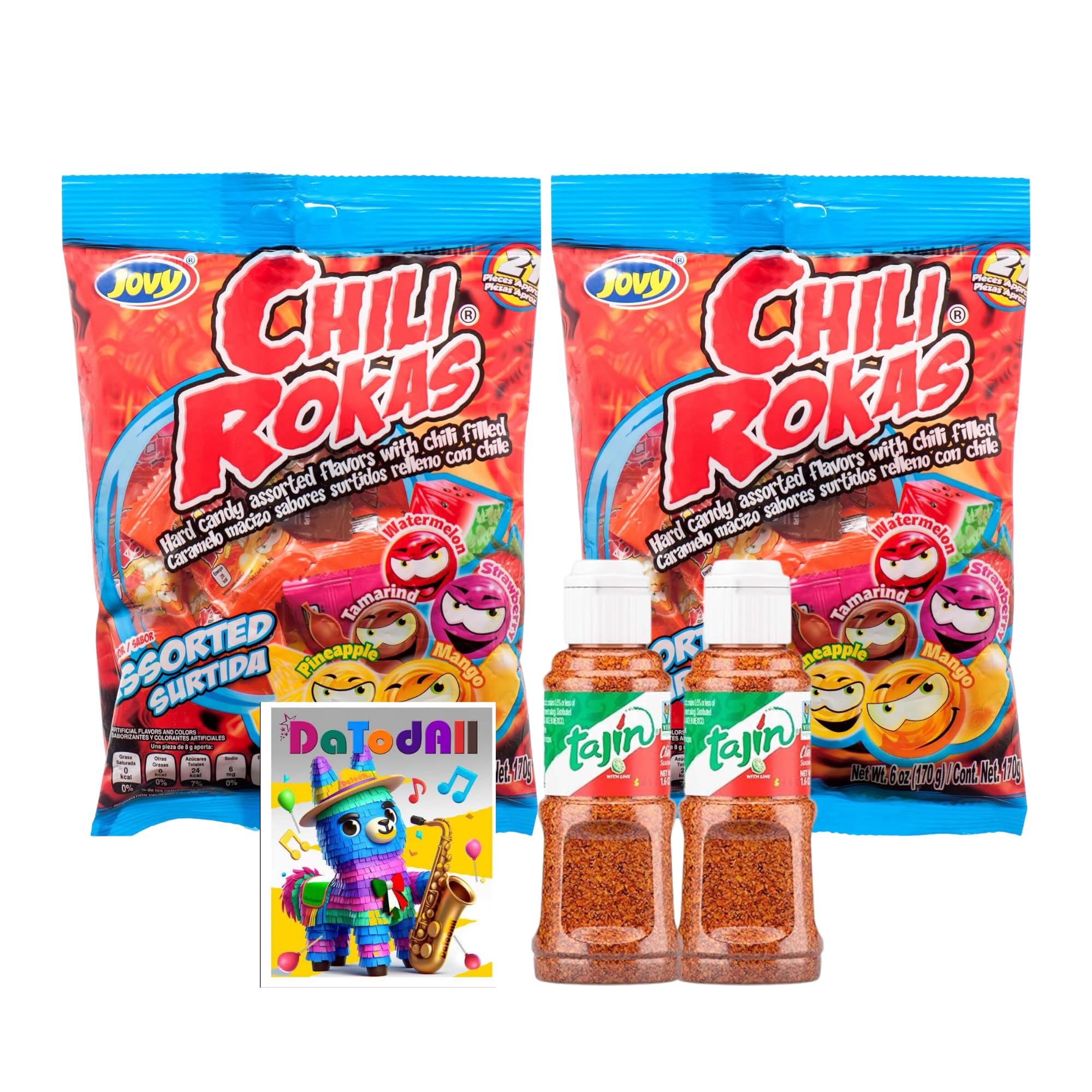 Assorted Mexican Candy Bundle. Includes a 2-6 Oz Packs of Jovy Chili Rokas Assorted Candy & and 2-0.35 Oz Mini Tajin Clasico Chili Lime Seasoning Plus a DaTodAll Llama Sticker