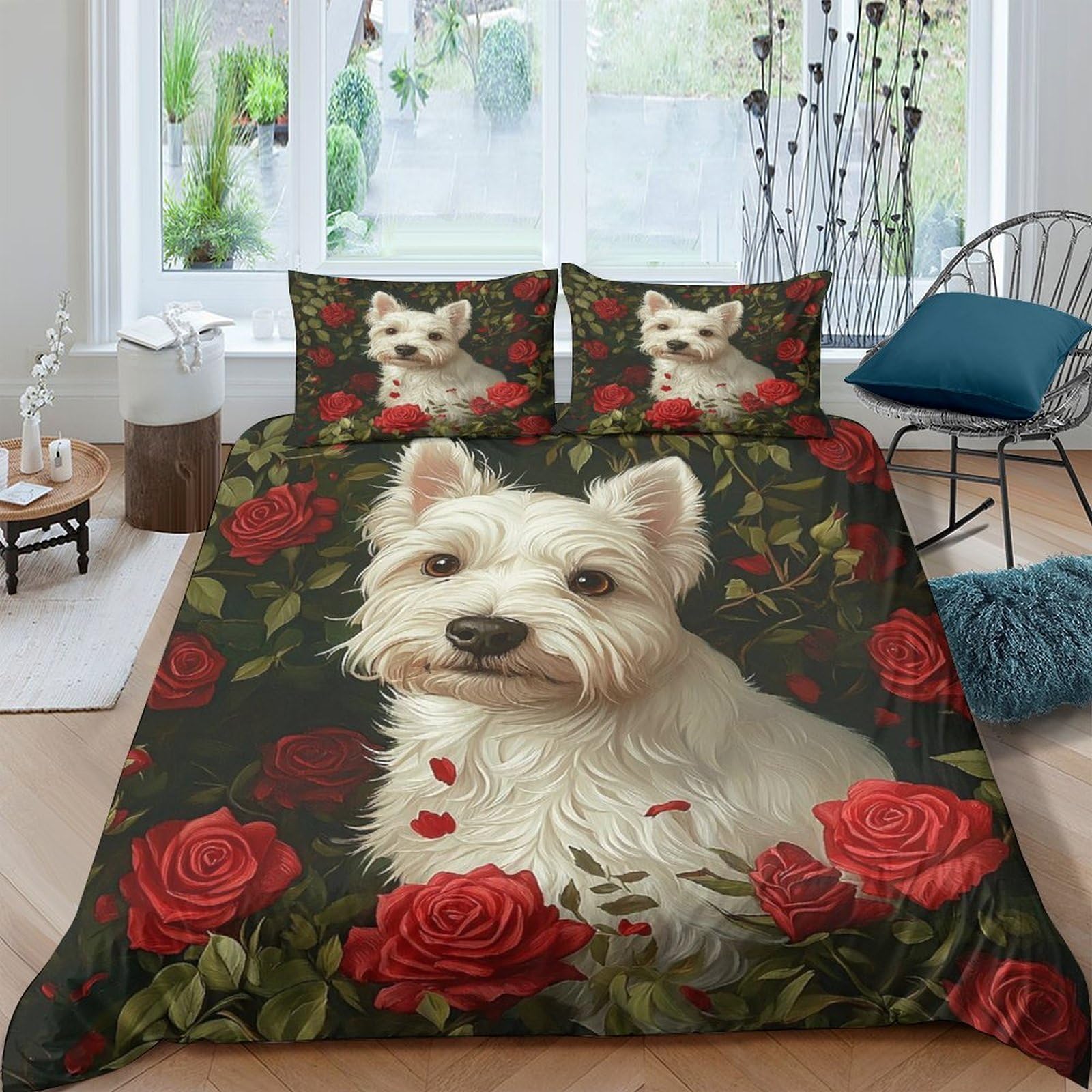 TUFRTGYHN 3D Printed White Westie Dog Rose Floral Duvet Cover Set Microfiber Soft Breathable Bedding Set with 2 Pillowcases for Bedroom Decor Single（135x200cm）