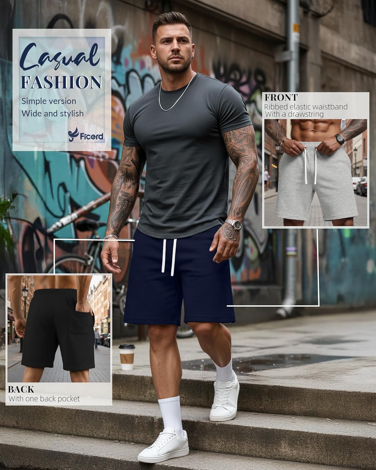 Ficerd 3 Pack Big and Tall Men's Sweat Shorts 9'' Plus Size Bermuda Drawstring Elastic Waist Shorts with 3 Pocket - Image 4