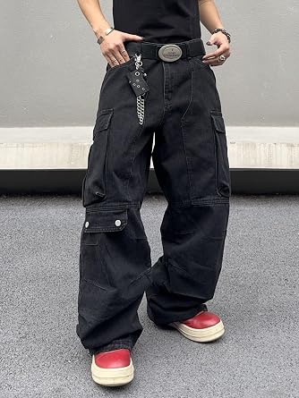 DFGIGT Mens Goth Baggy Cargo Jeans Steampunk Patchwork Wide Leg Jeans