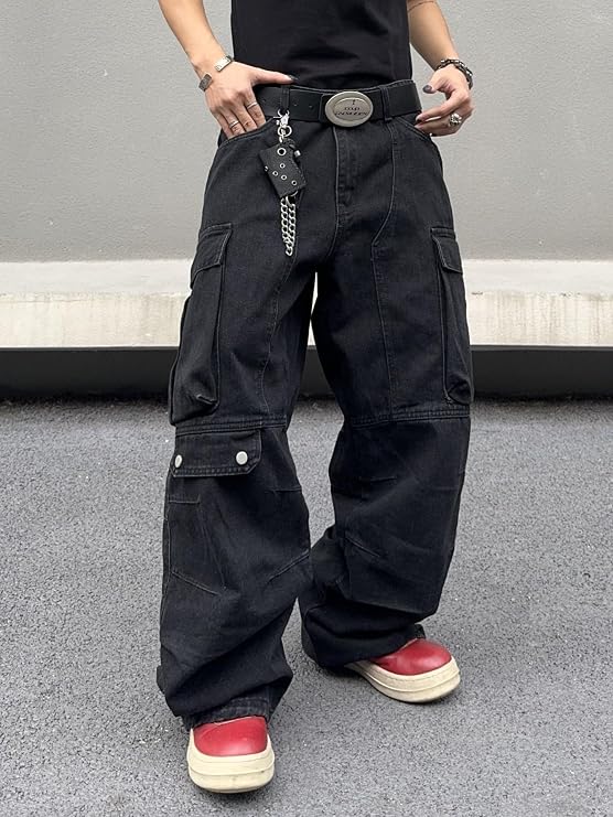 DFGIGT Mens Goth Baggy Cargo Jeans Steampunk Patchwork Wide Leg Jeans