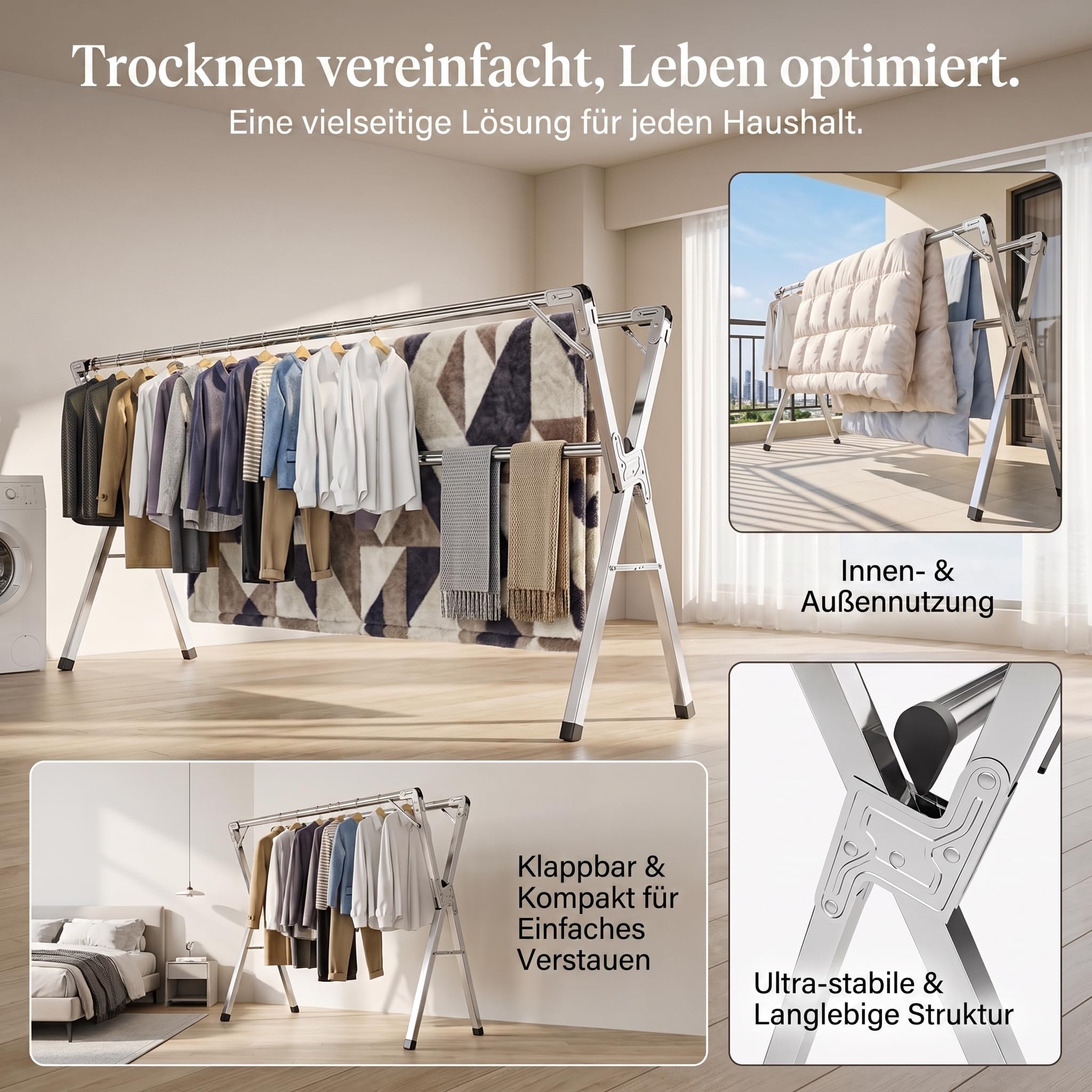 Wäscheständer, faltbar, Edelstahl, Typ Tancarville, Wäscheständer für drinnen und draußen, verstellbarer Wäscheständer 140 – 240 cm, 60 kg pro Stange, mit 40 Haken, winddicht