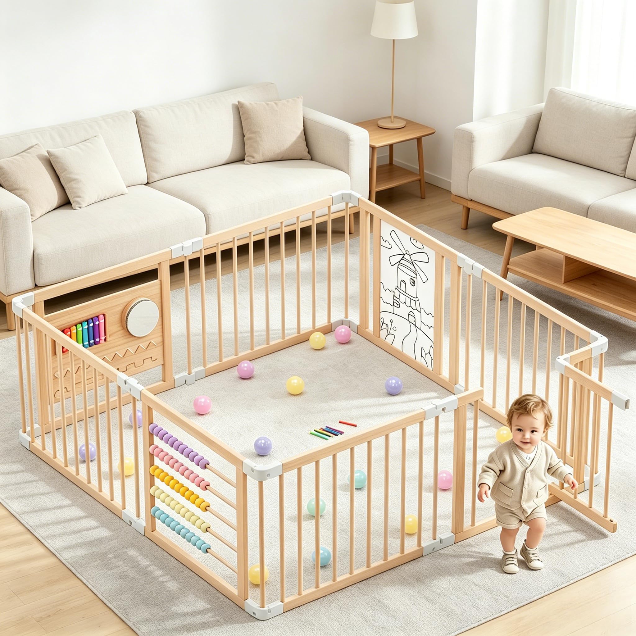 Parc Bébé Modulable en Bois 160 x 160 cm avec Porte | Parc pliable et réglable en taille et forme, aire de jeu stable pour la maison, idéale pour bébés et jeunes enfants
