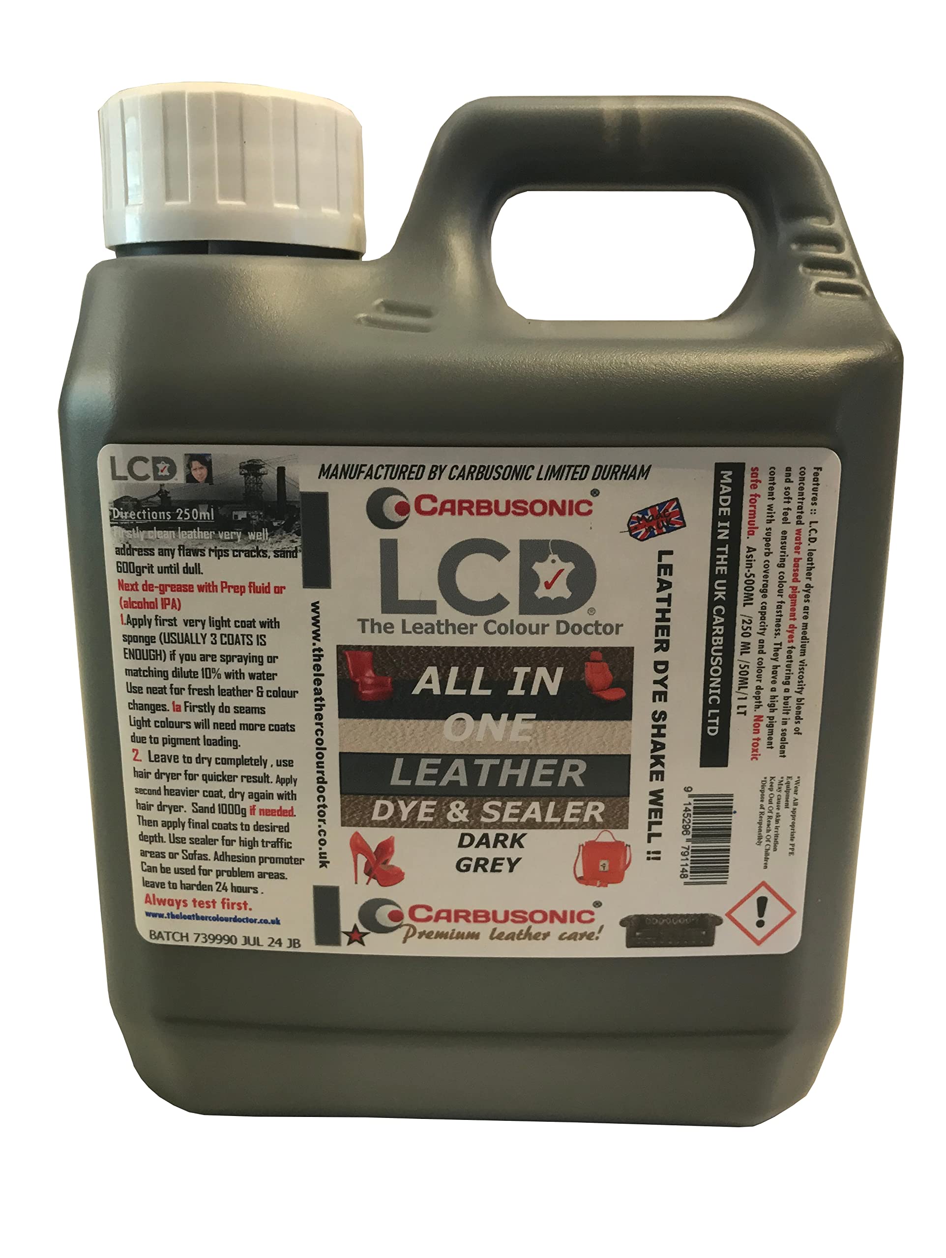 CarbusonicAll in one Leather dye and sealant, Interior Leather Paint for Car Seats, Sofas, Armchairs, Shoes, Handbags & More. 23 Colour Variations All intermixable. (Dark Grey, 1 Litre)
