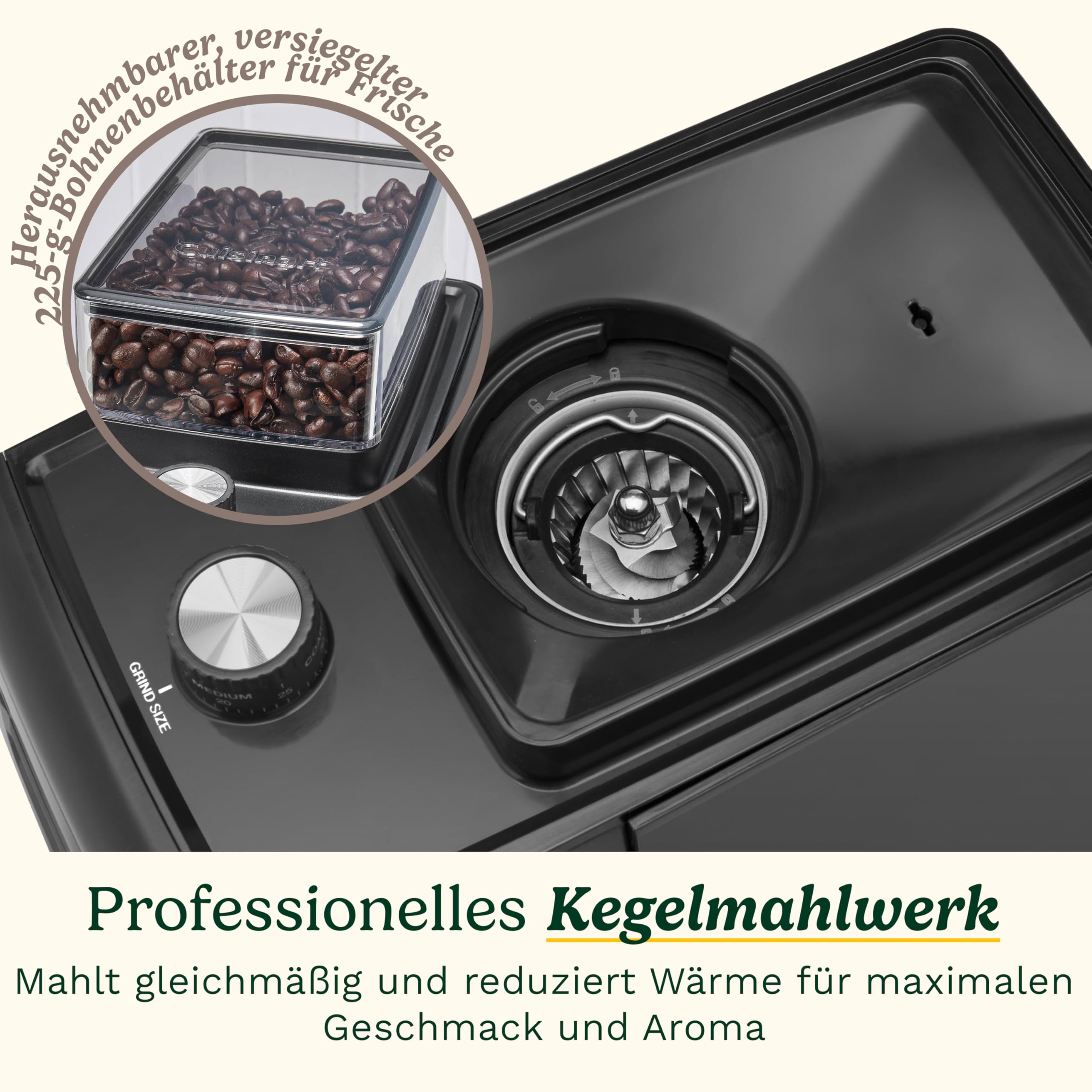 Cuisinart stożkowy młynek do kawy do espresso i kawy; 35 ustawień; zbiornik na ziarna 225 g z silikonową pokrywą; kompatybilny z portafiltrem; w zestawie łyżka i szczotka do czyszczenia