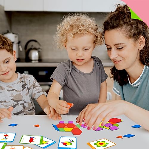 Miniatura 6 de Juego de 155 bloques de madera, 24 tarjetas de diseño de doble cara (48 patrones) rompecabezas de forma geométrica divertido Tangram Montessori