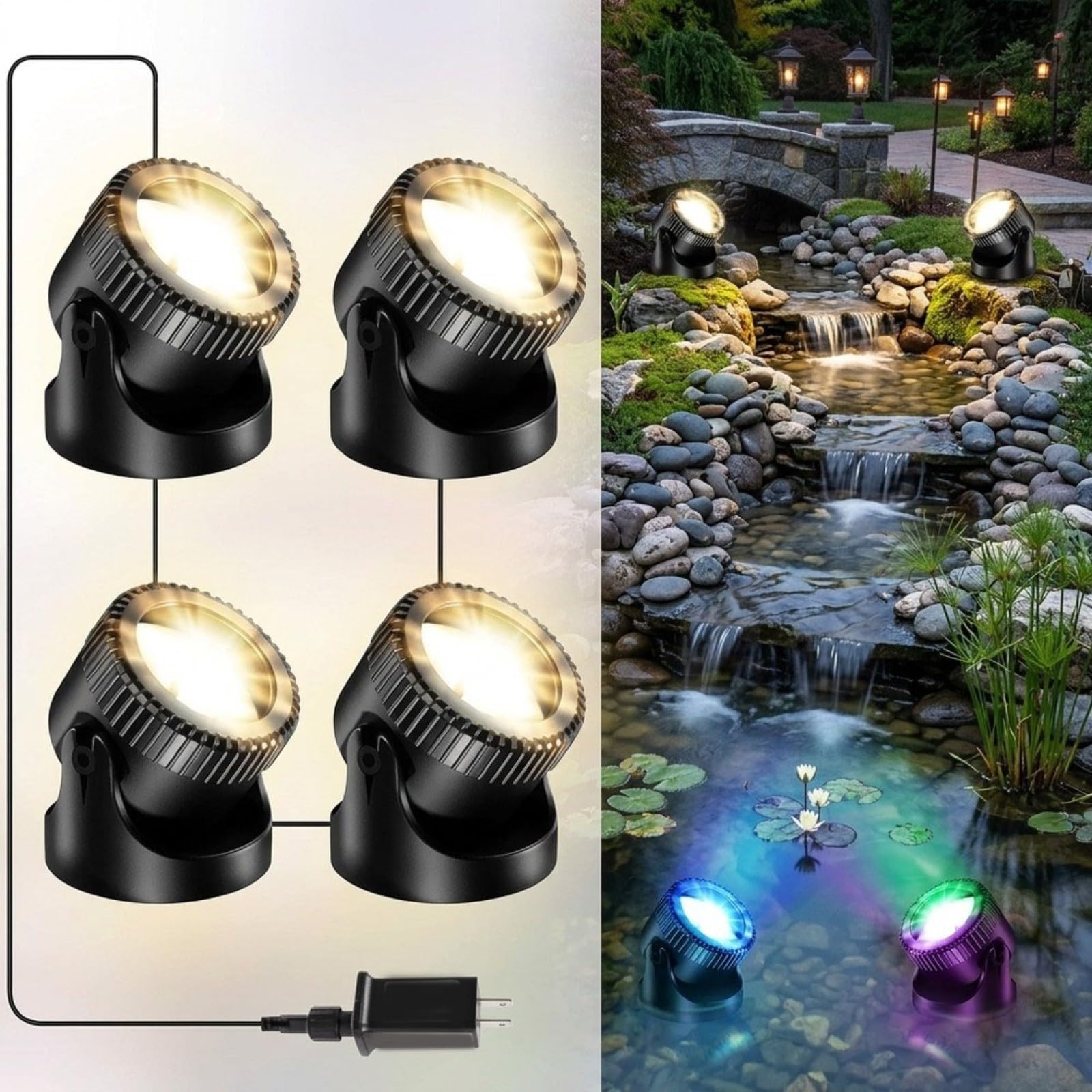 Luci subacquee 4 in 1 per laghetto, impermeabilità IP68, LED per giardino, piscina, fontana, decorazione, kit di illuminazione esterna (bianco caldo)