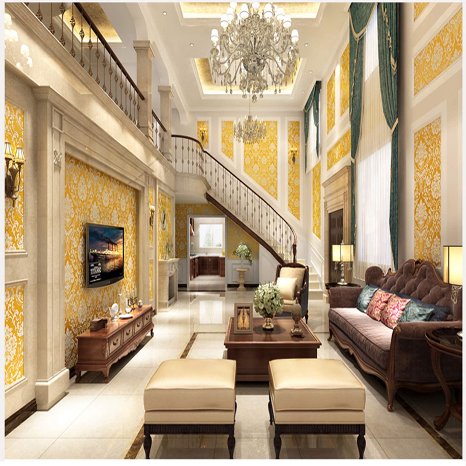 Papel Pintado Autoadhesivo Dorado, Papel Pintado Europeo Retro de Alta Gama, Papel Pintado Decorativo de Pared bellamente renovado, 0,53 x 5 m