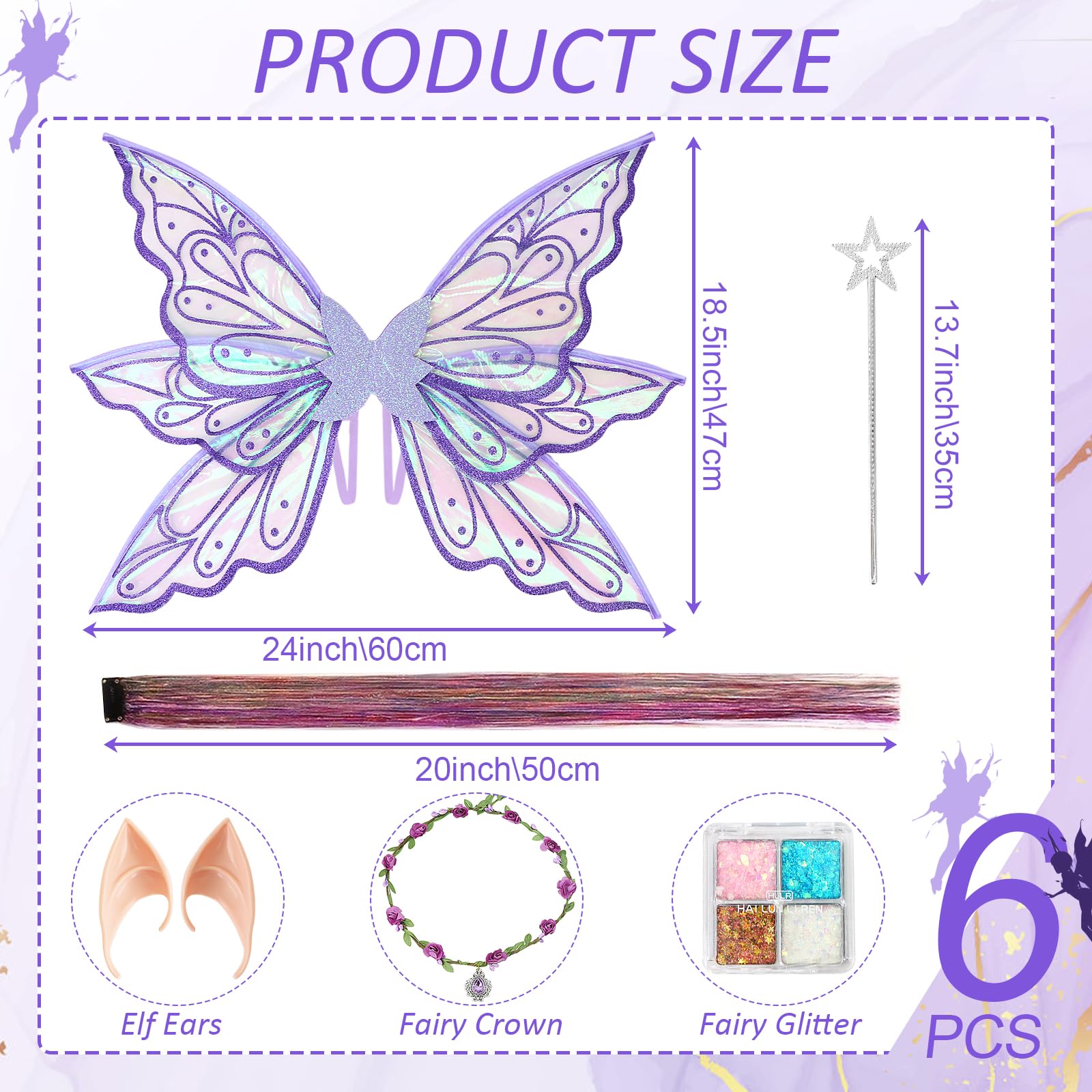 Fairy Wings - Fairy Costume Set Sparking Butterfly Wings for Women Adults Girls Halloween Dress up with Elf Ears Flower Crown Hair Tinsel Fairy Glitter (Purple)