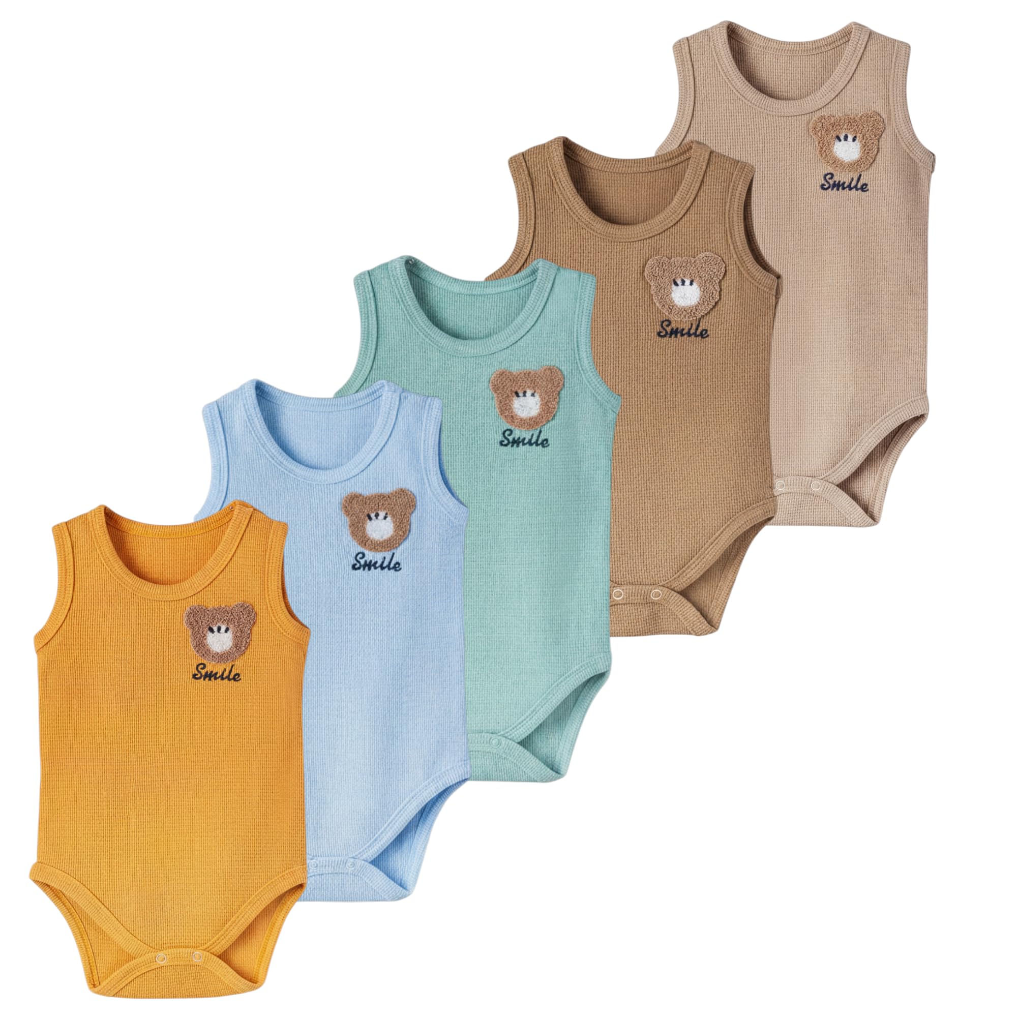 Lunanest Baby Body 5er Set, Ärmellos, 6-24 Monate | 100% Baumwolle, Ultraweich & Atmungsaktiv, Für Jungen & Mädchen, Farben: Senfgelb, Milchkaffee, Taupe, Babyblau & Kiwi