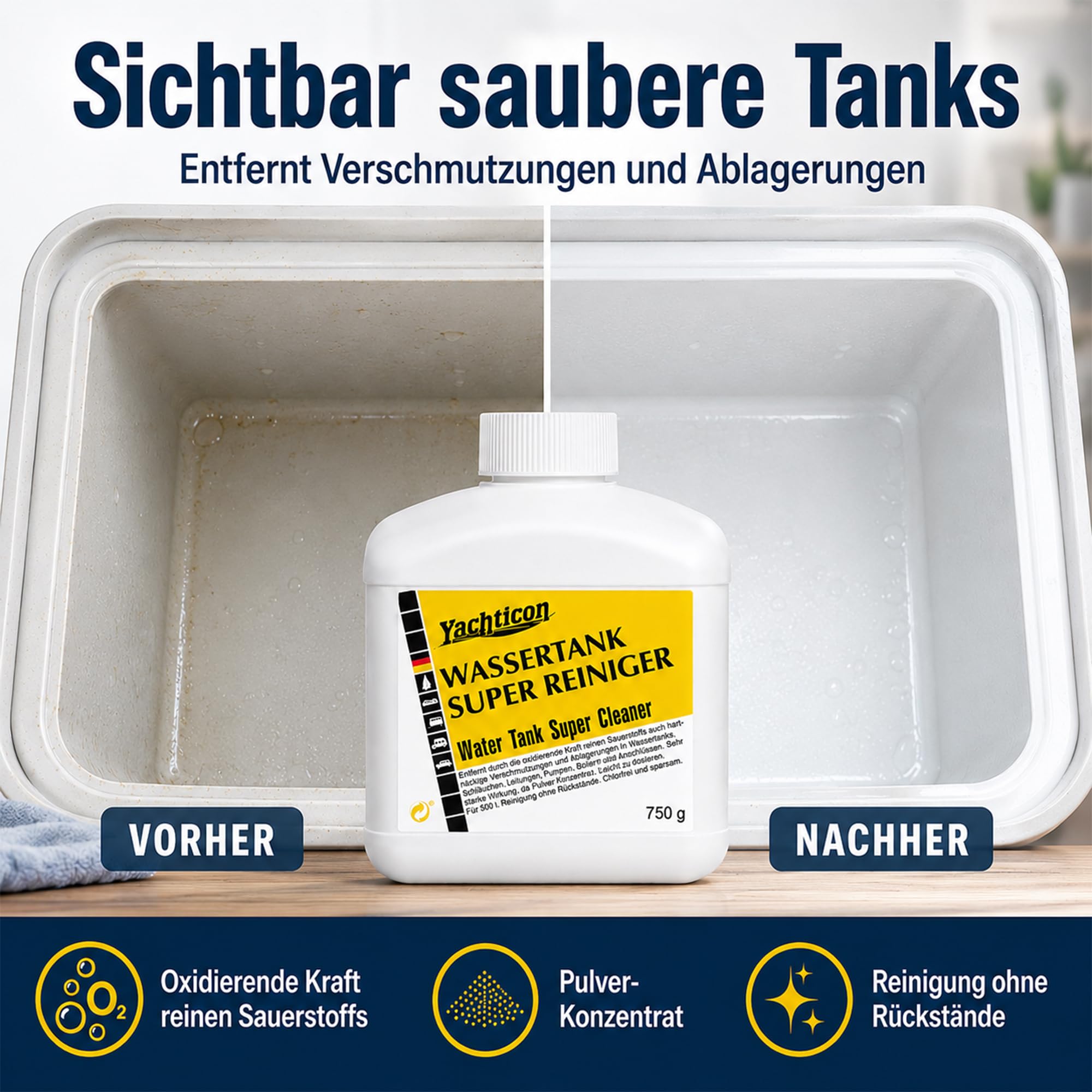 Wassertank Reiniger Wohnmobil 750 g – chlorfreier Wassertank Super Reiniger für Frischwassertank, Leitungen & Boiler | entfernt Ablagerungen & Verschmutzungen in Camping, Caravan & Boot